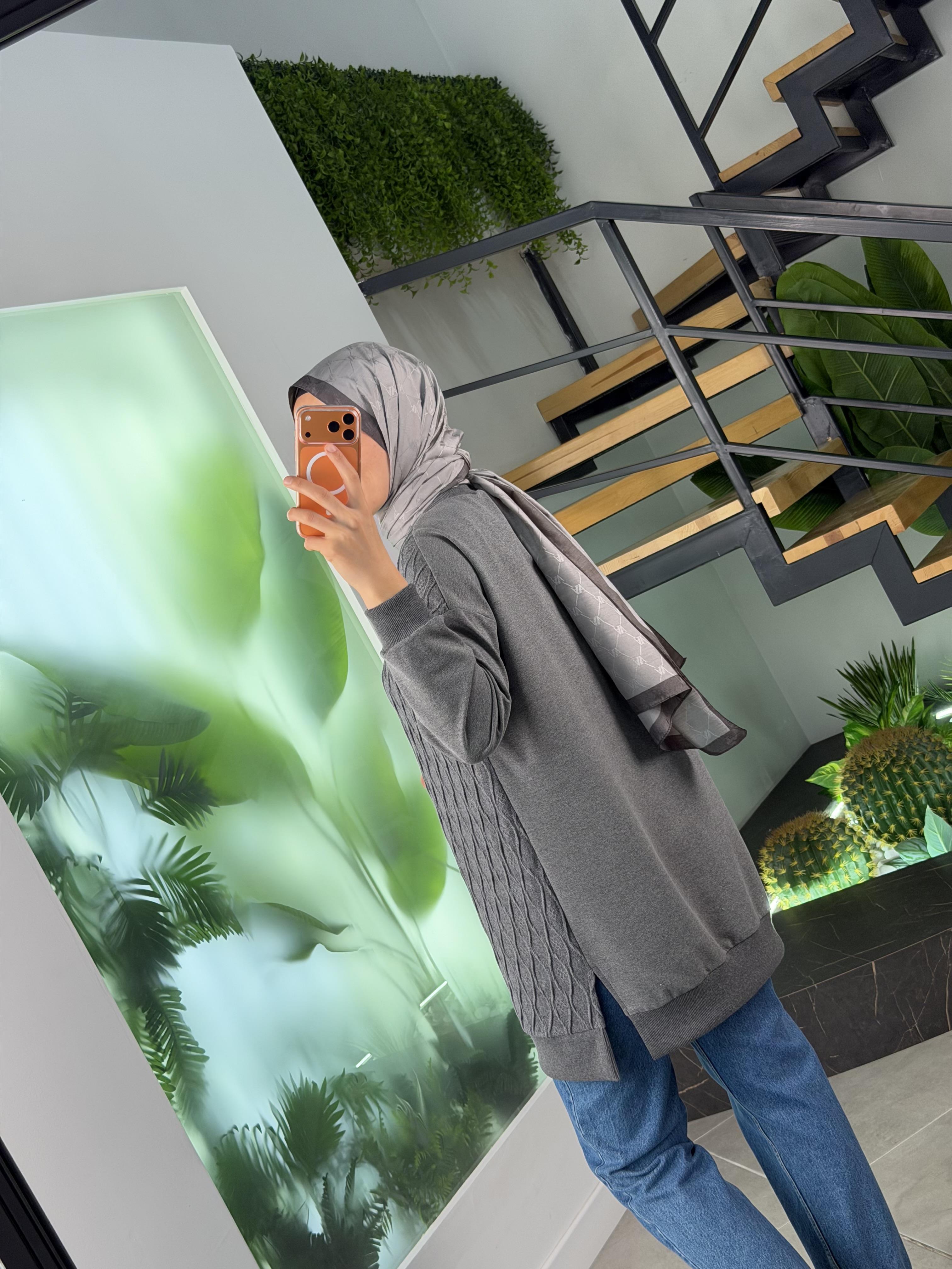 Antrasit Renk Triko Garnili Tunik