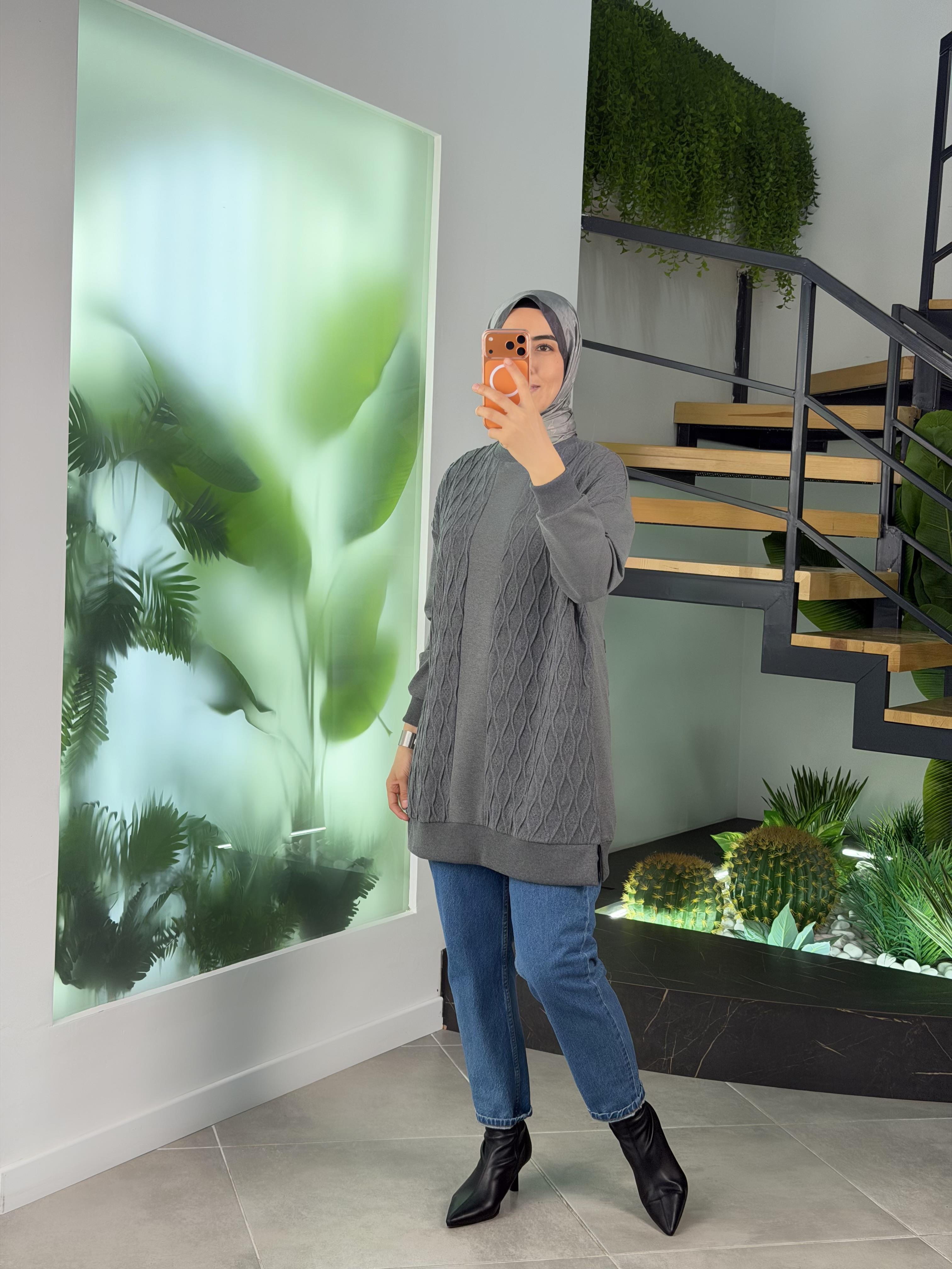 Antrasit Renk Triko Garnili Tunik