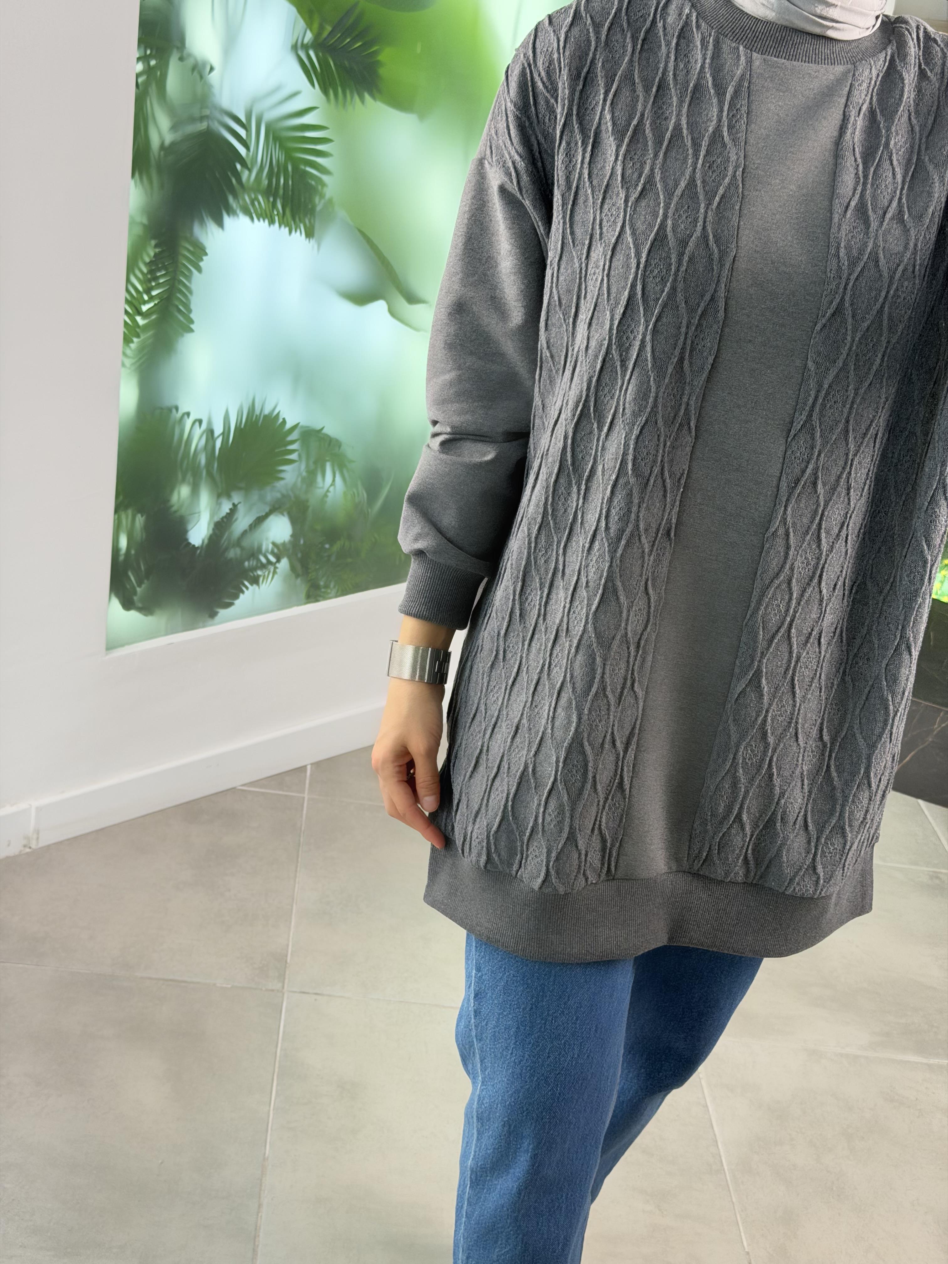 Antrasit Renk Triko Garnili Tunik