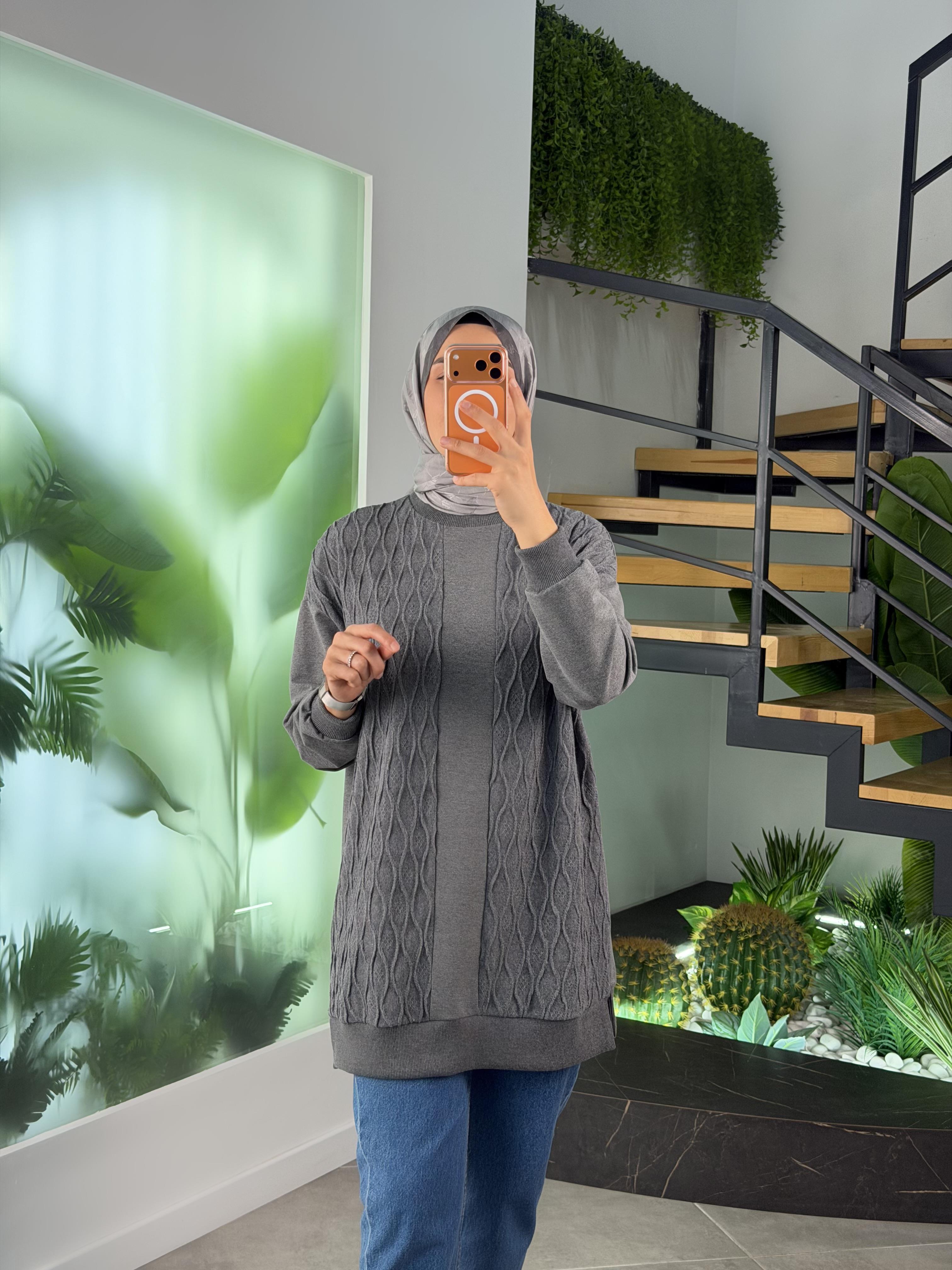 Antrasit Renk Triko Garnili Tunik