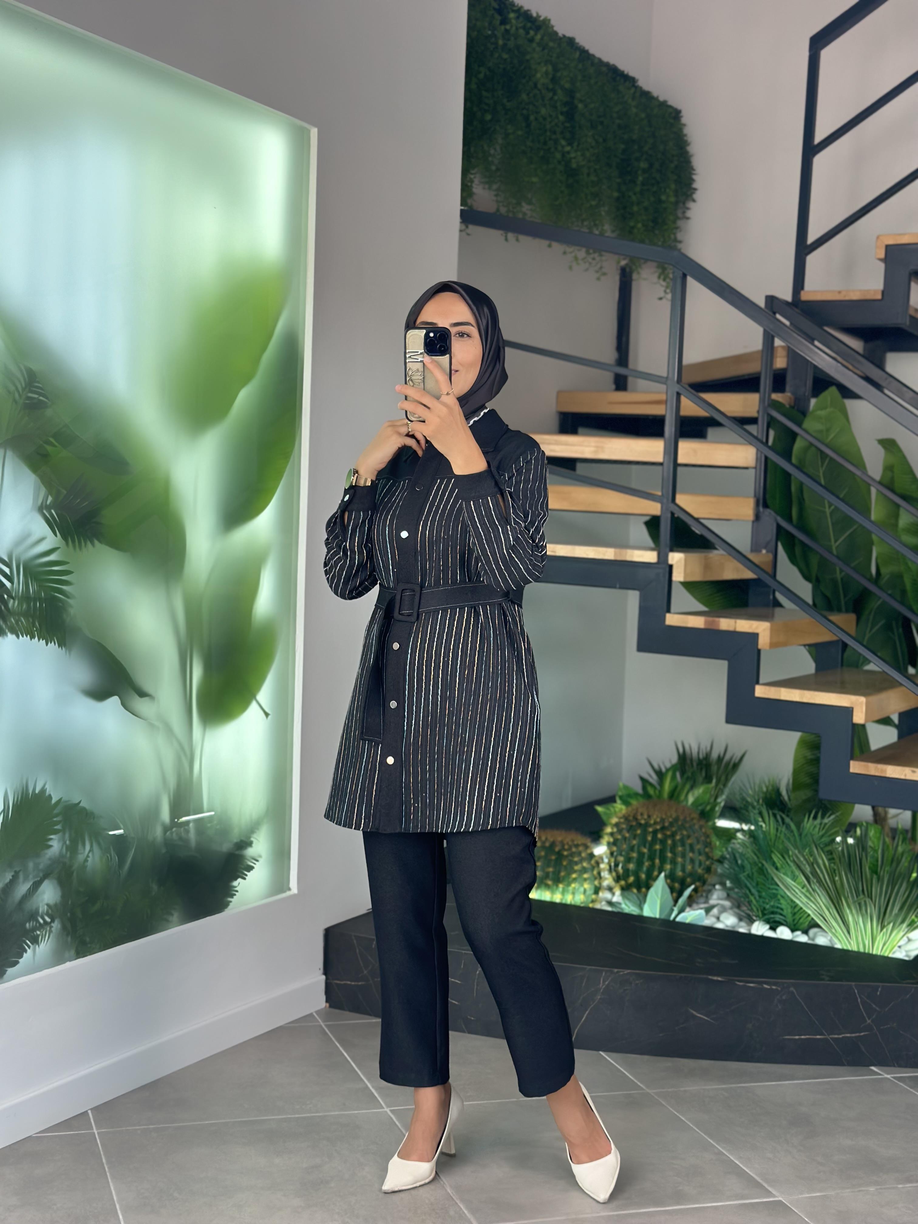 Armine Trend Ceketi Çizgi Payetli Takım 25KT664 Antrasit