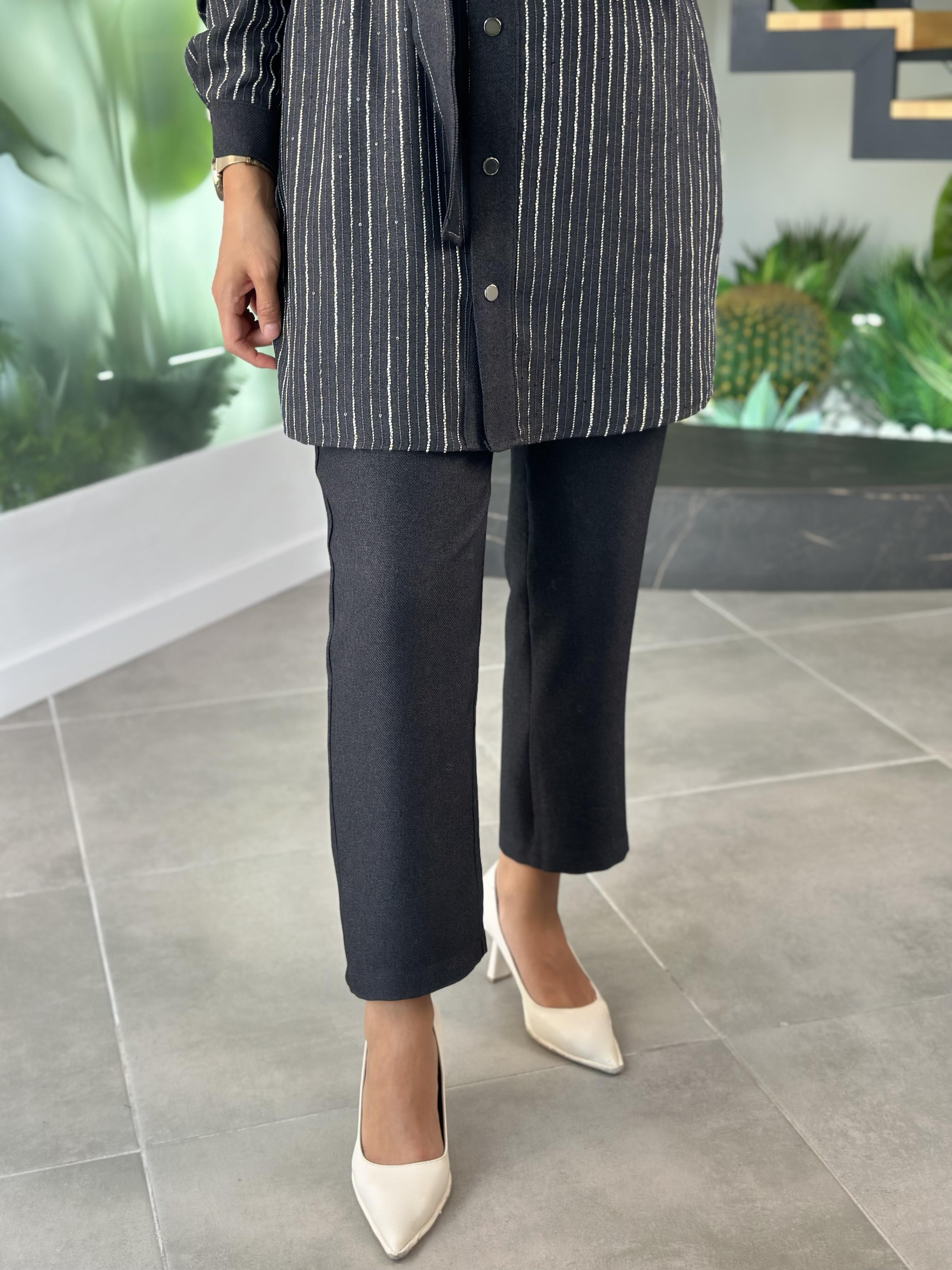 Armine Trend Ceketi Çizgi Payetli Takım 25KT664 Antrasit