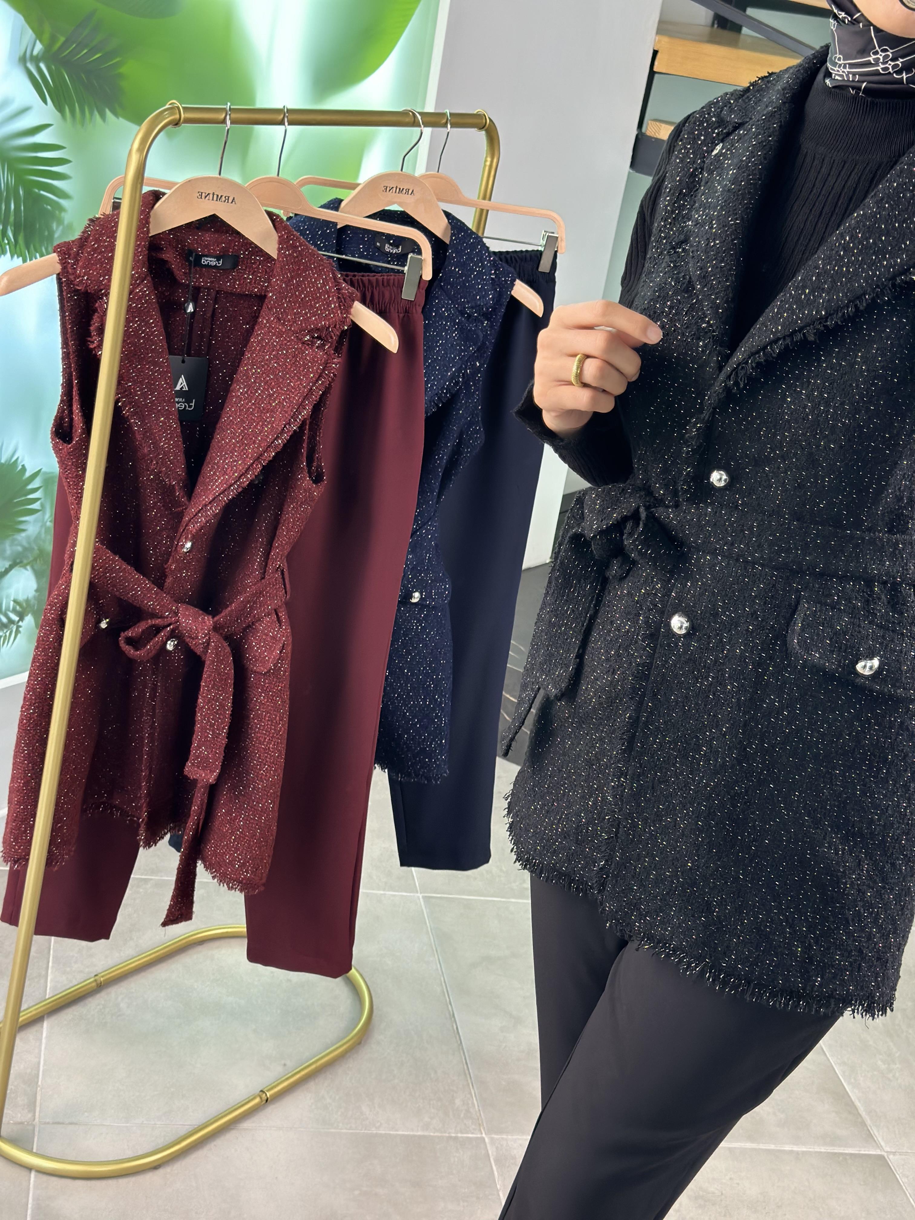 Armine Trend Simli Tüvit Yelekli Takım 25KT638 Siyah