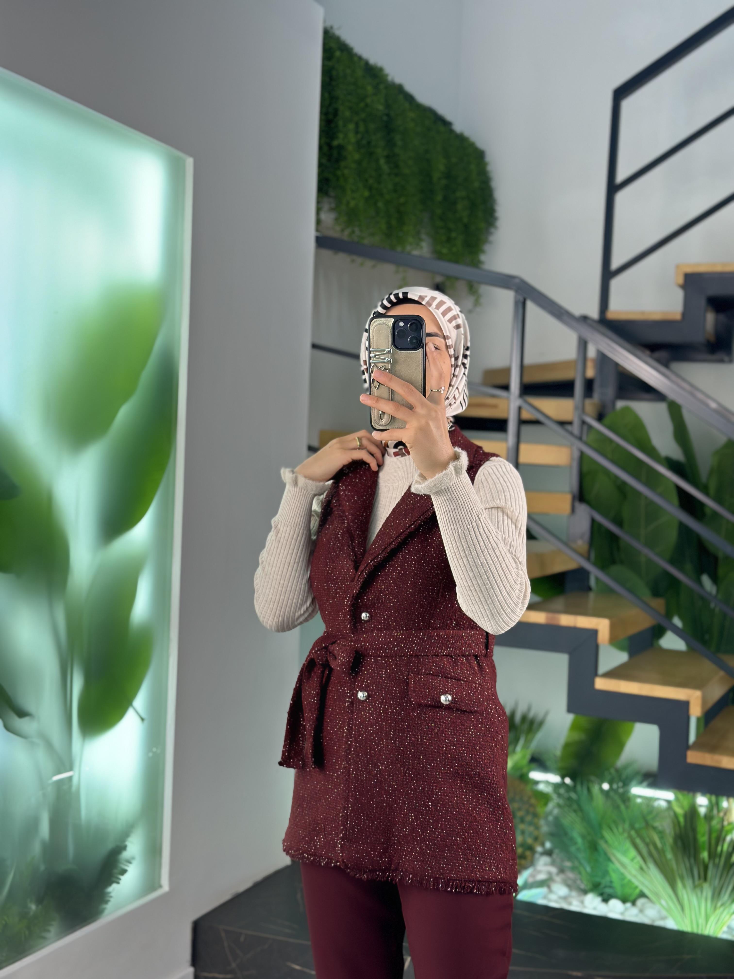Armine Trend Simli Tüvit Yelekli Takım 25KT638 Bordo