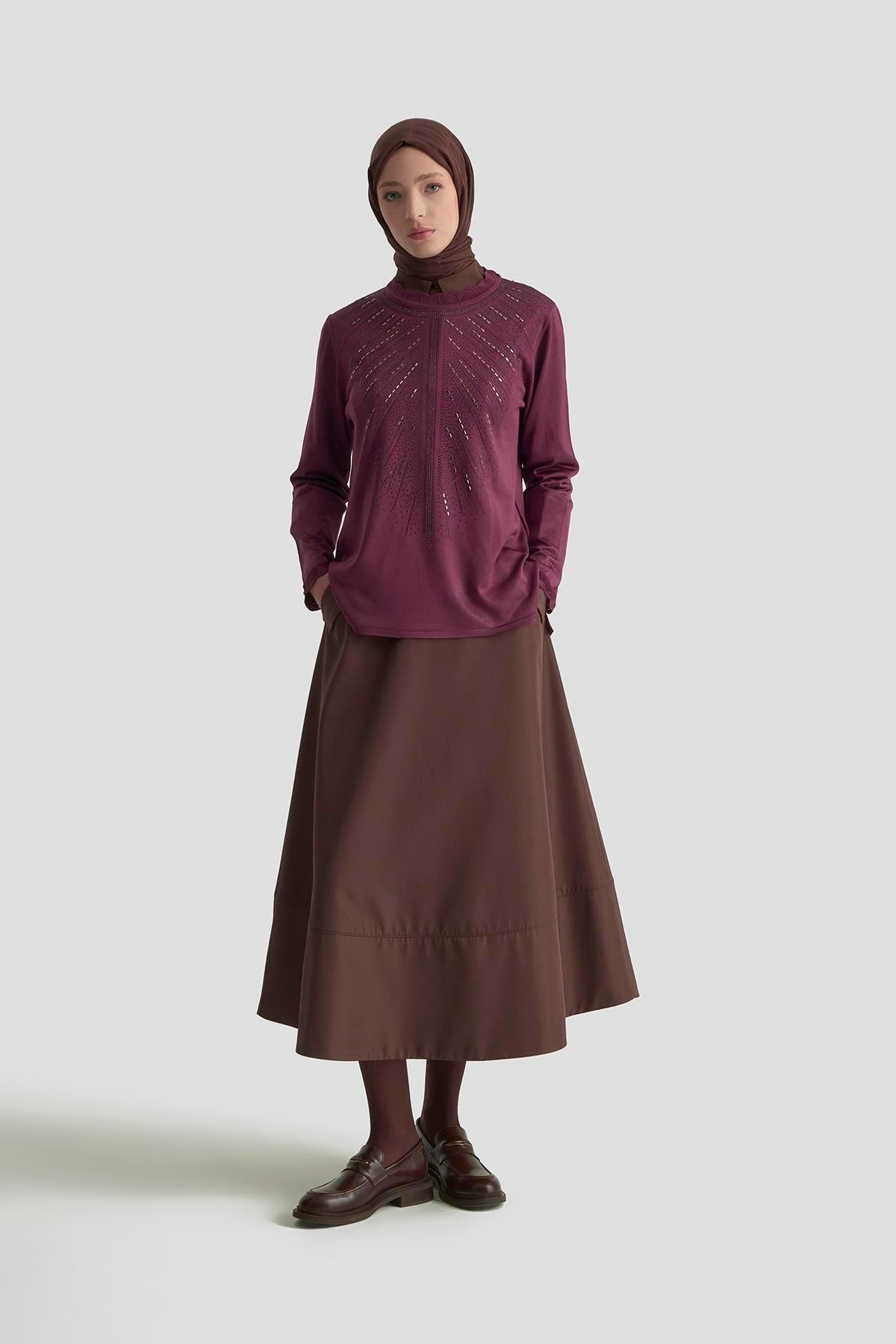 Armine Trend Taşlı Triko Bluz 25KT4126 Mürdüm