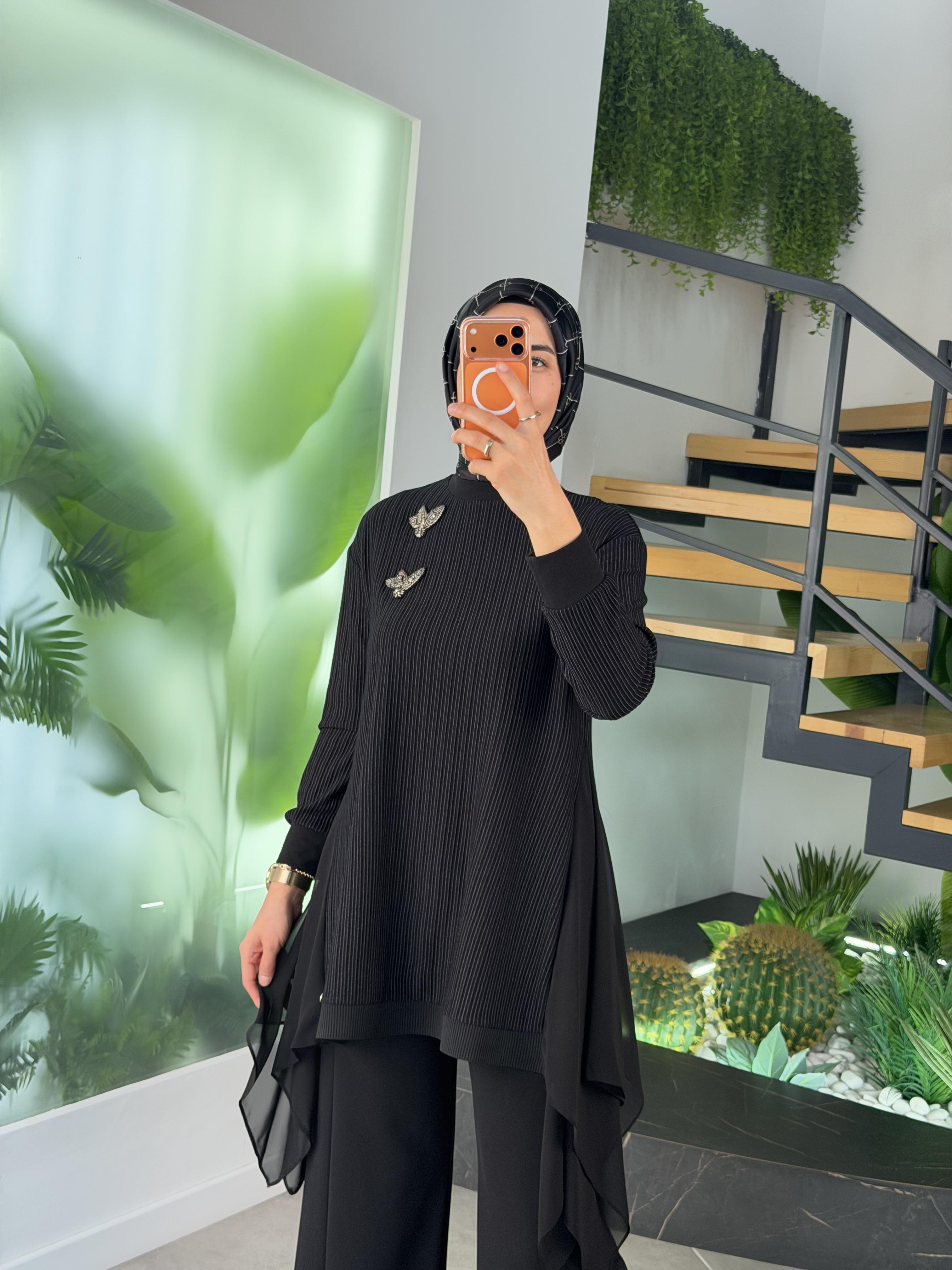 Armine Trend Yanları Şifon Garnili Pantolonlu Takım 25KT669 Siyah