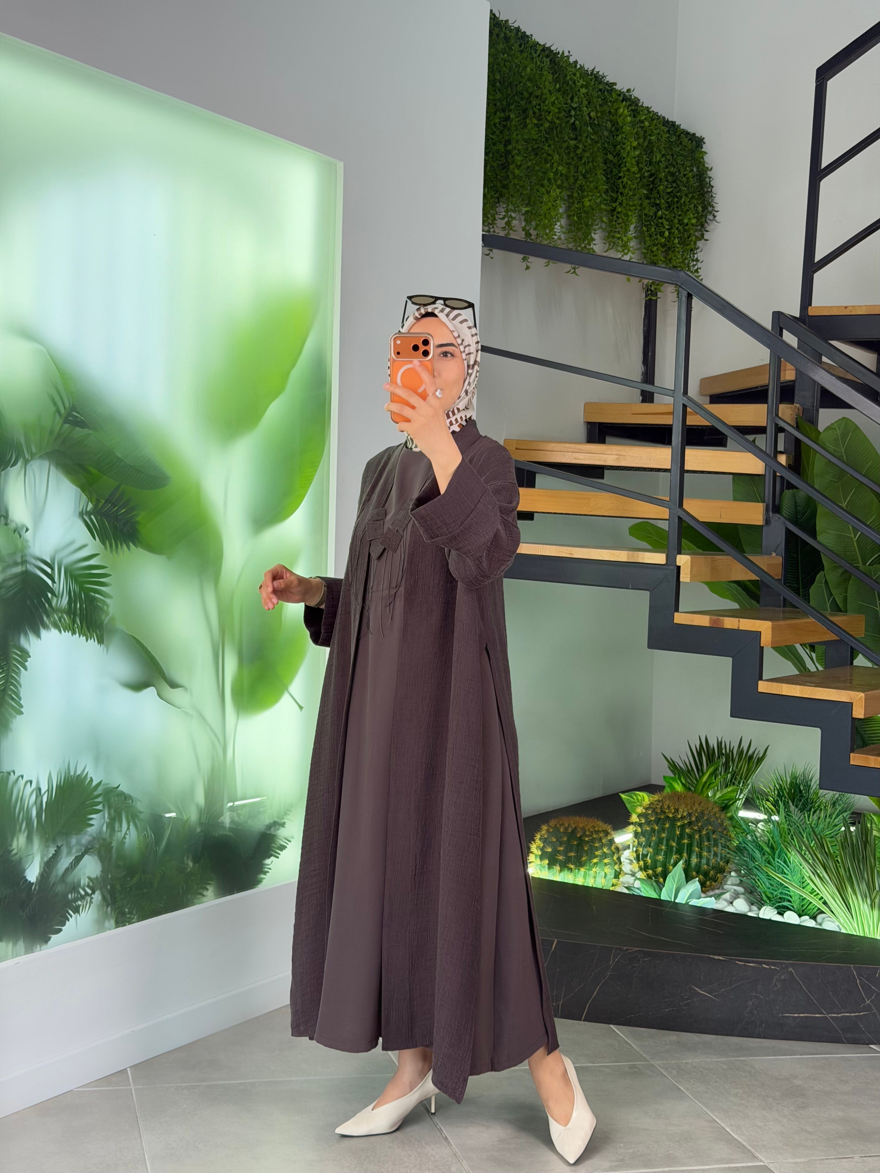 Kahve Renk Soft Touch Elbise& Kimono Premium Takım 26YA628 Kahverengi
