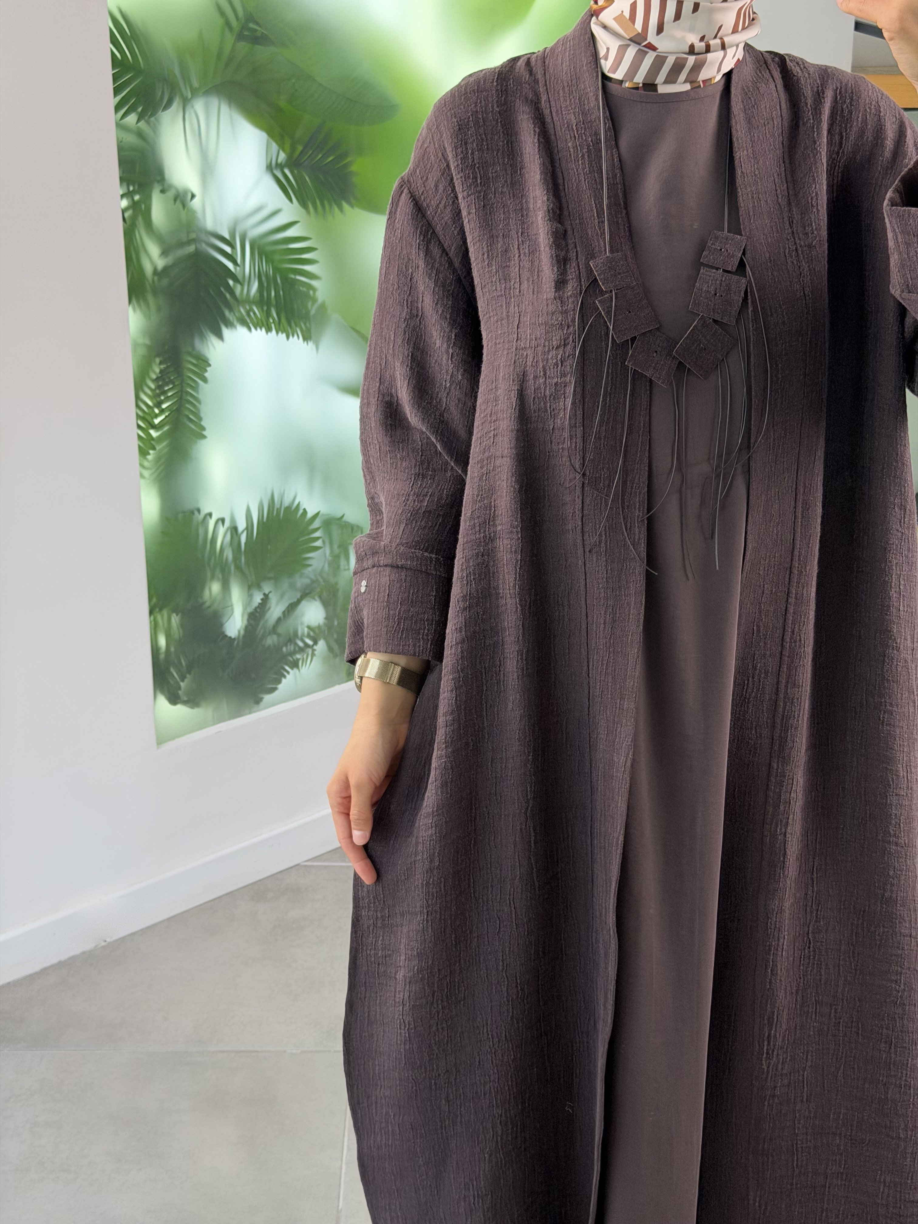 Kahve Renk Soft Touch Elbise& Kimono Premium Takım 26YA628 Kahverengi