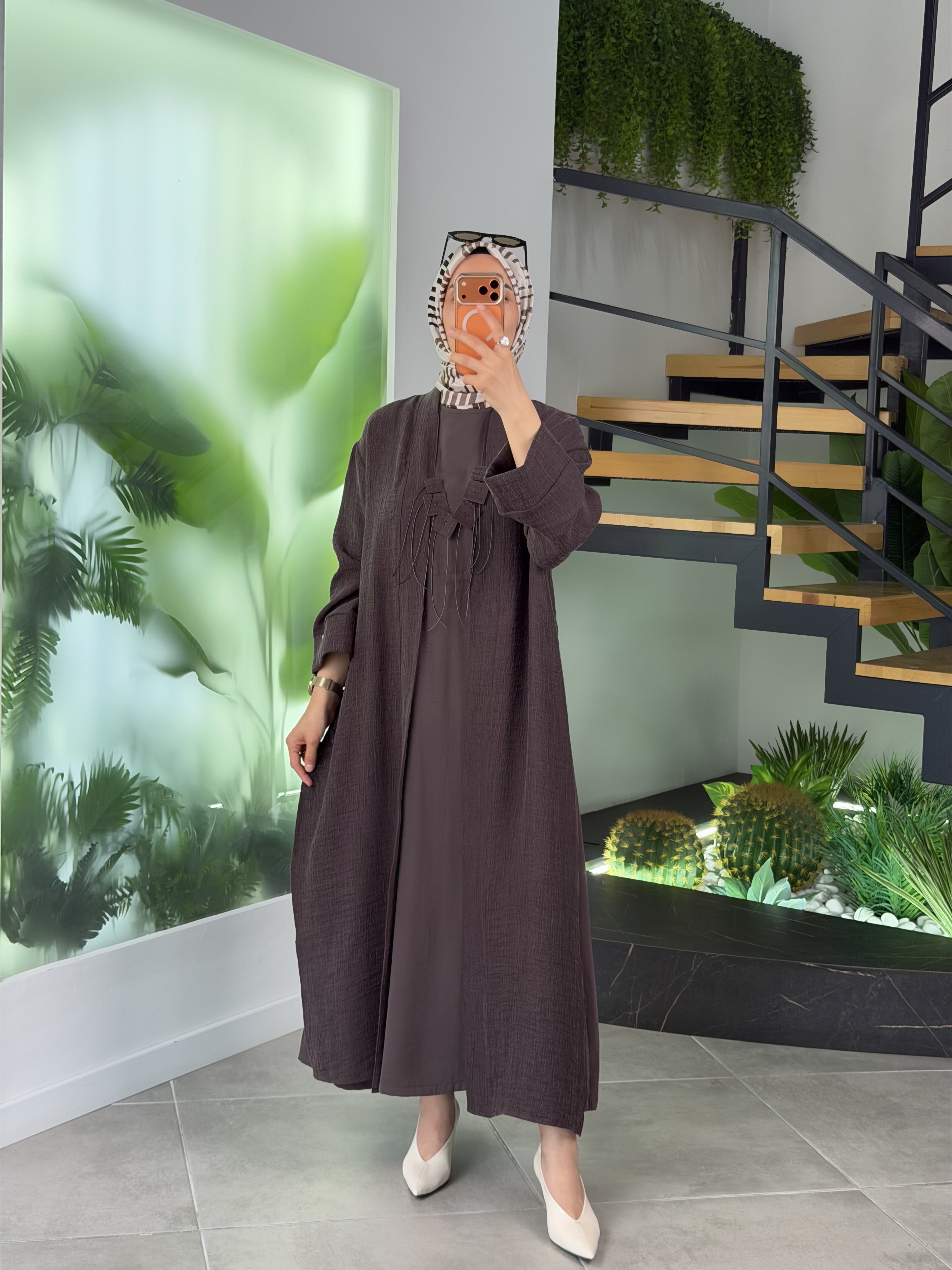 Kahve Renk Soft Touch Elbise& Kimono Premium Takım 26YA628 Kahverengi