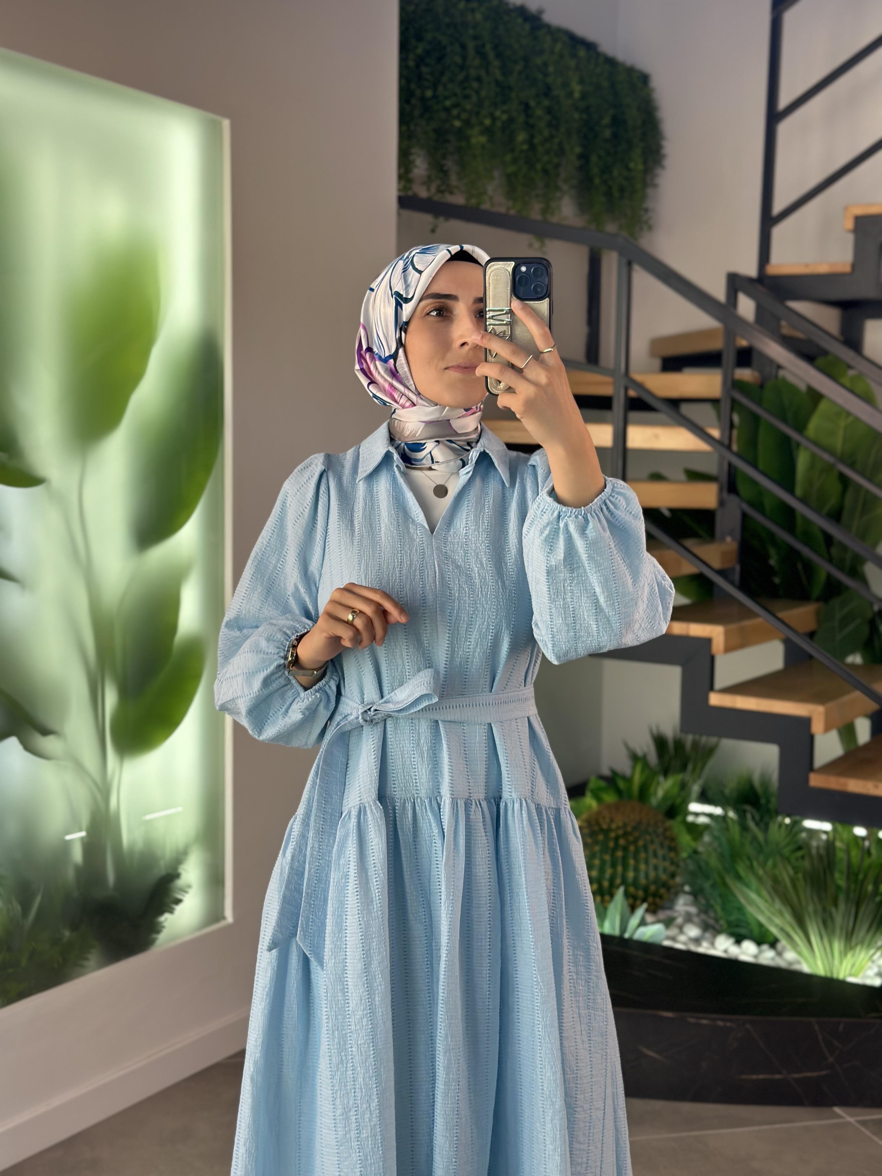 Balon Kol Mavi Renk Kadın Kuşaklı Elbise