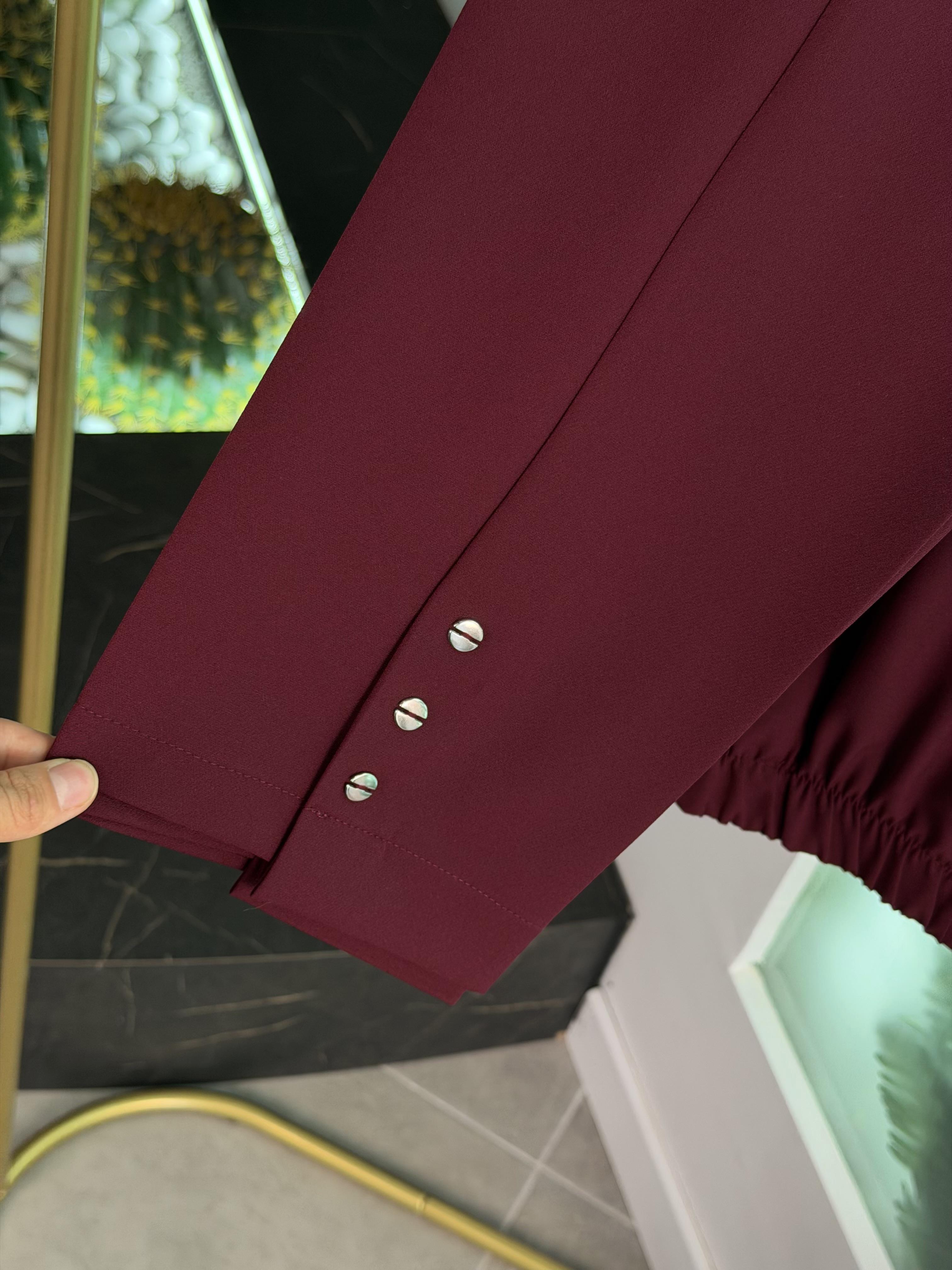 Beli Lastikli Düğme Detaylı Bordo Renk Kadın  Pantolon