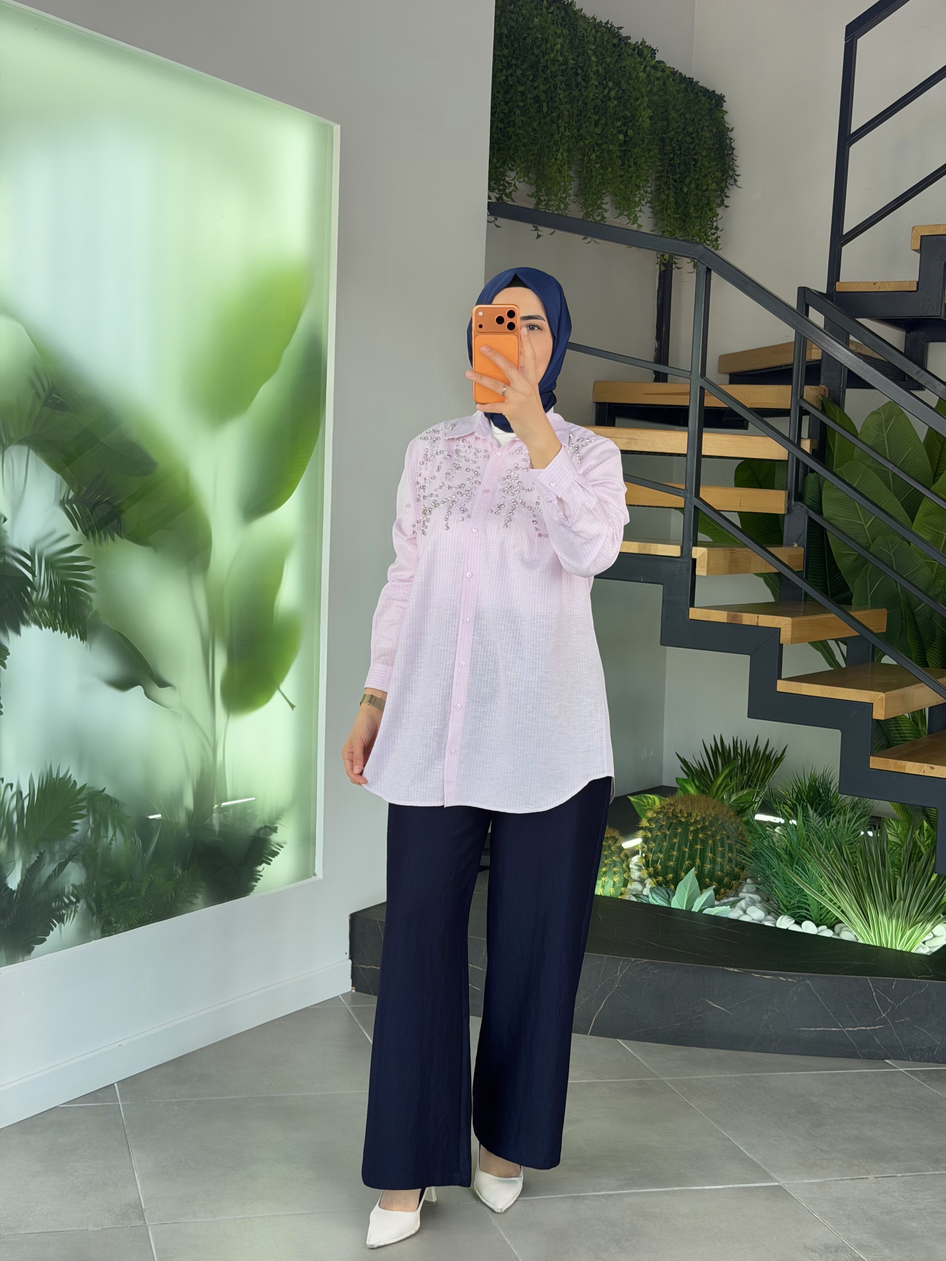 Kadın Lacivert Beli Lastikli Tensel Pantolon – Rahat Kalıp Günlük Şık