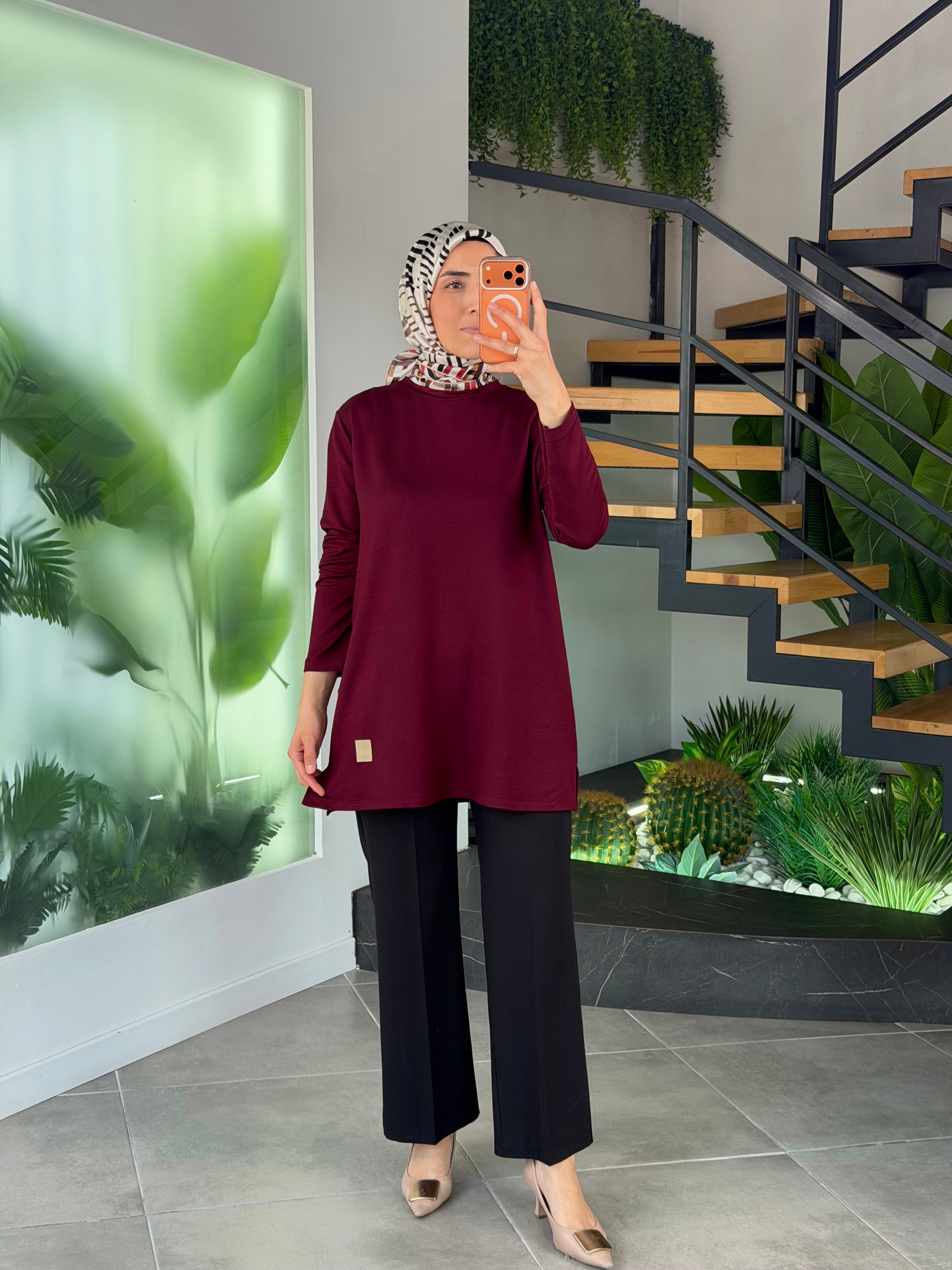 Bordo Renk Etiket Detaylı İki İplik Basic Tunik