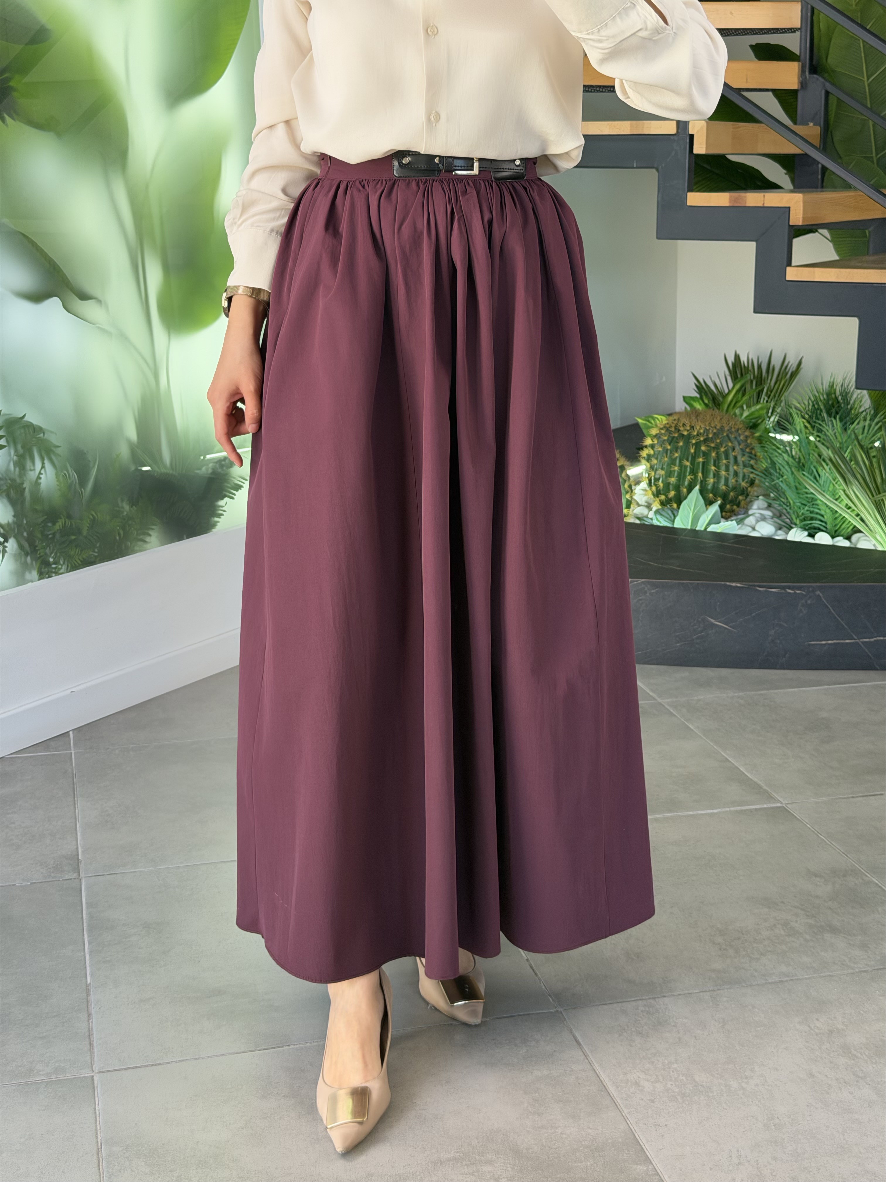 Bordo Renk Kemer Ve Pile Detaylı Cotton Etek