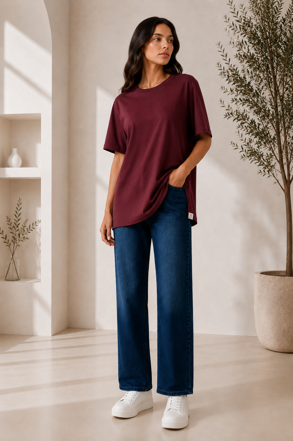 Bordo Renk Kısa Kollu Basic Tshirt