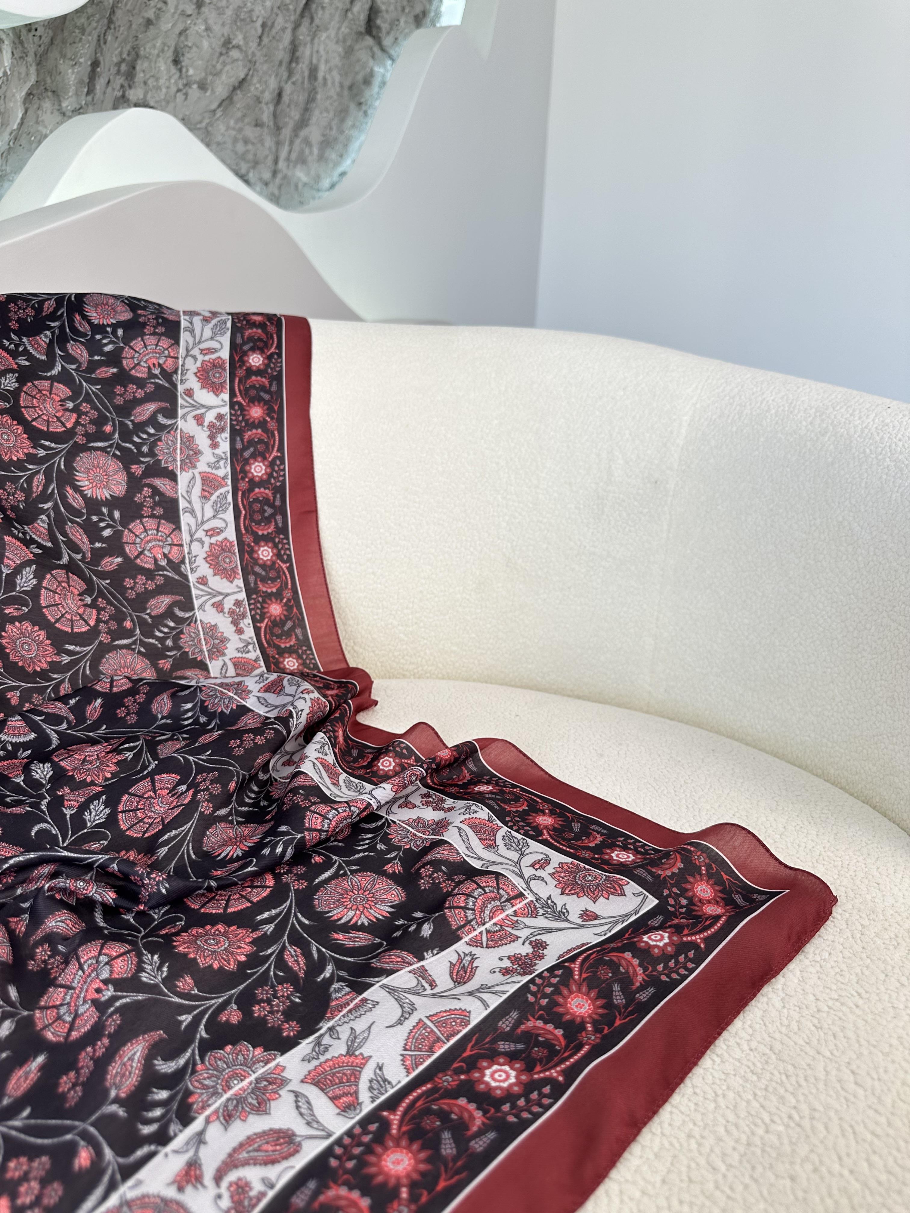 Çini Desenli Soft  Şal Bordo-Siyah