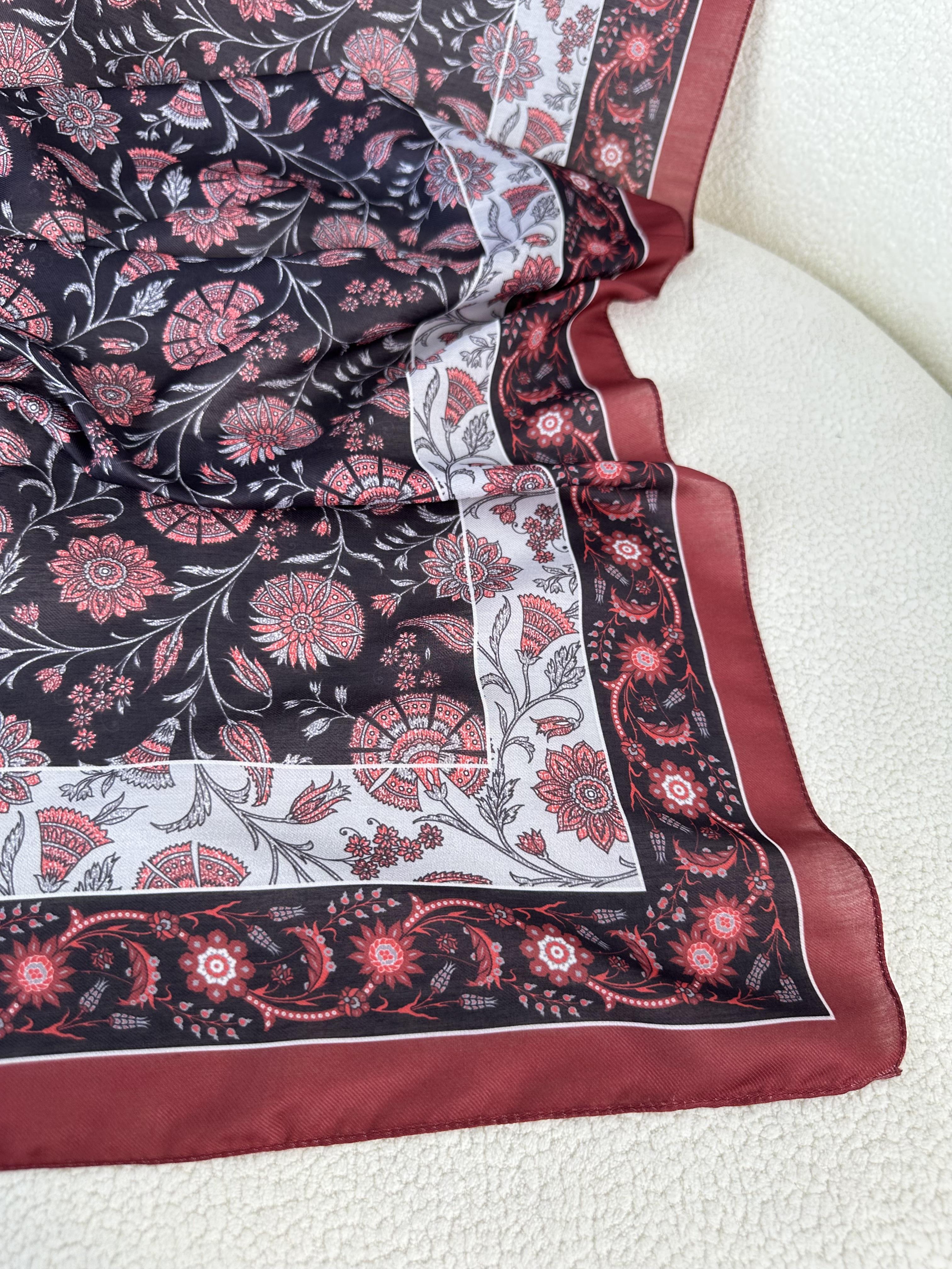 Çini Desenli Soft  Şal Bordo-Siyah