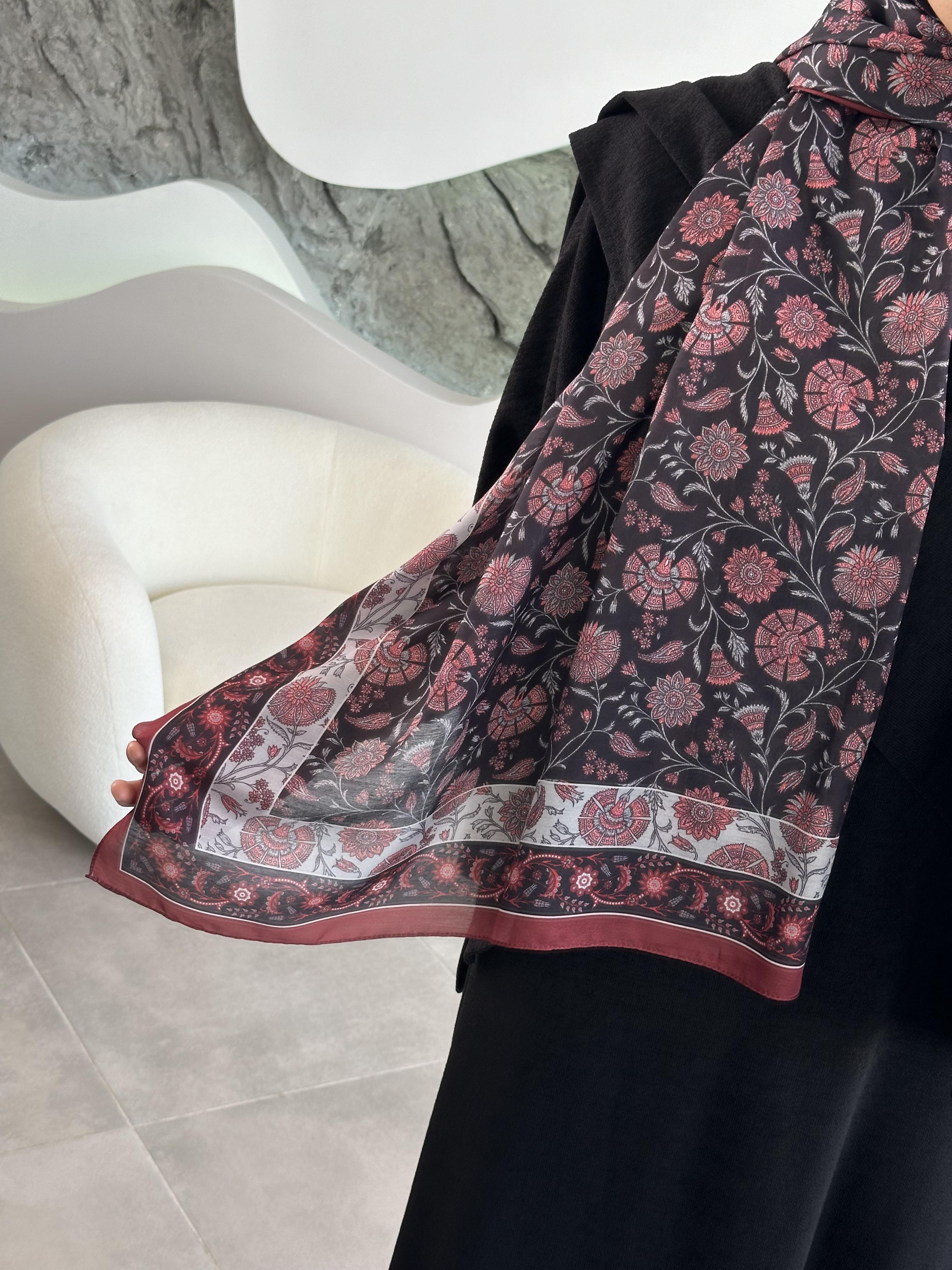 Çini Desenli Soft  Şal Bordo-Siyah