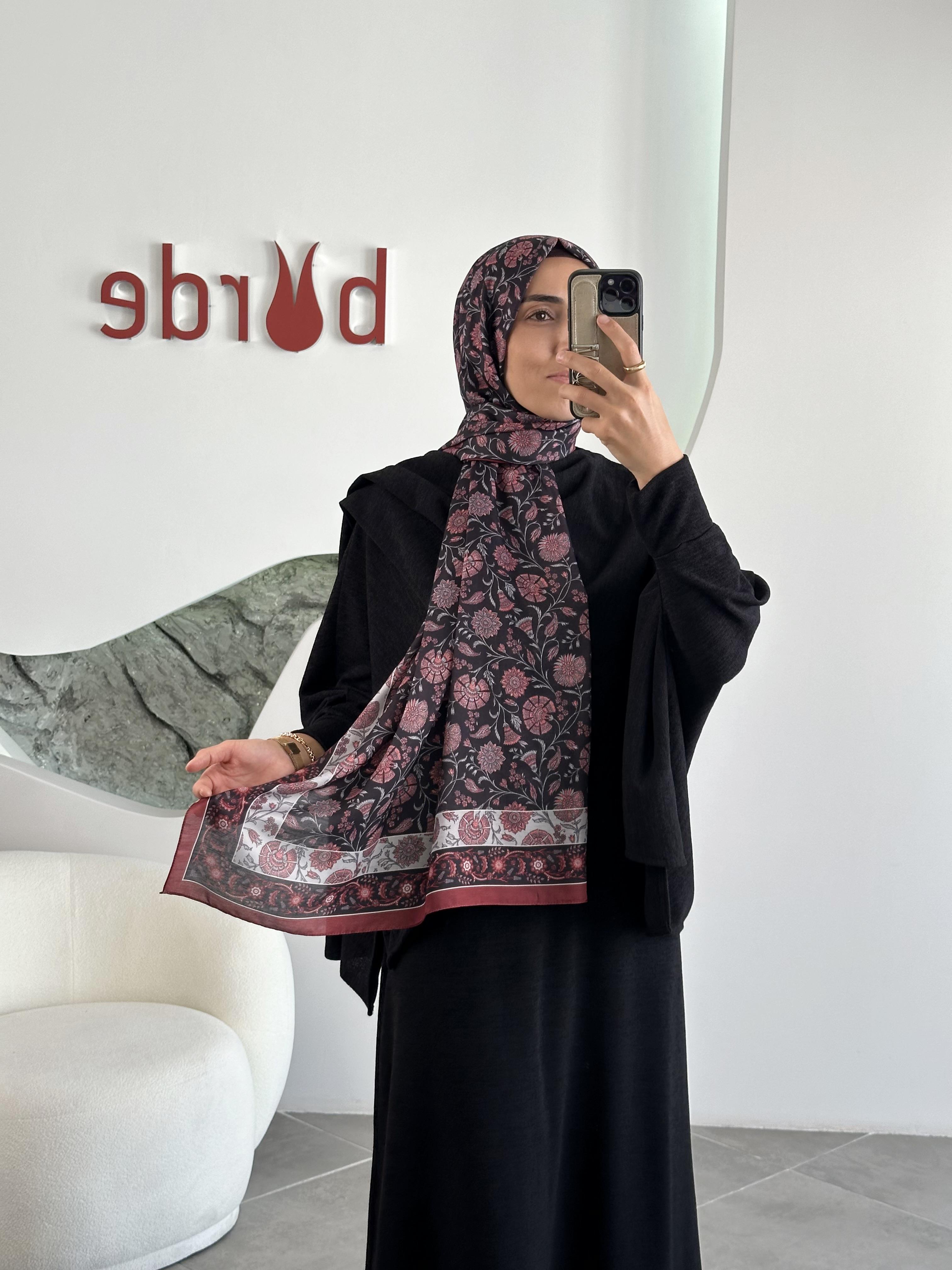 Çini Desenli Soft  Şal Bordo-Siyah