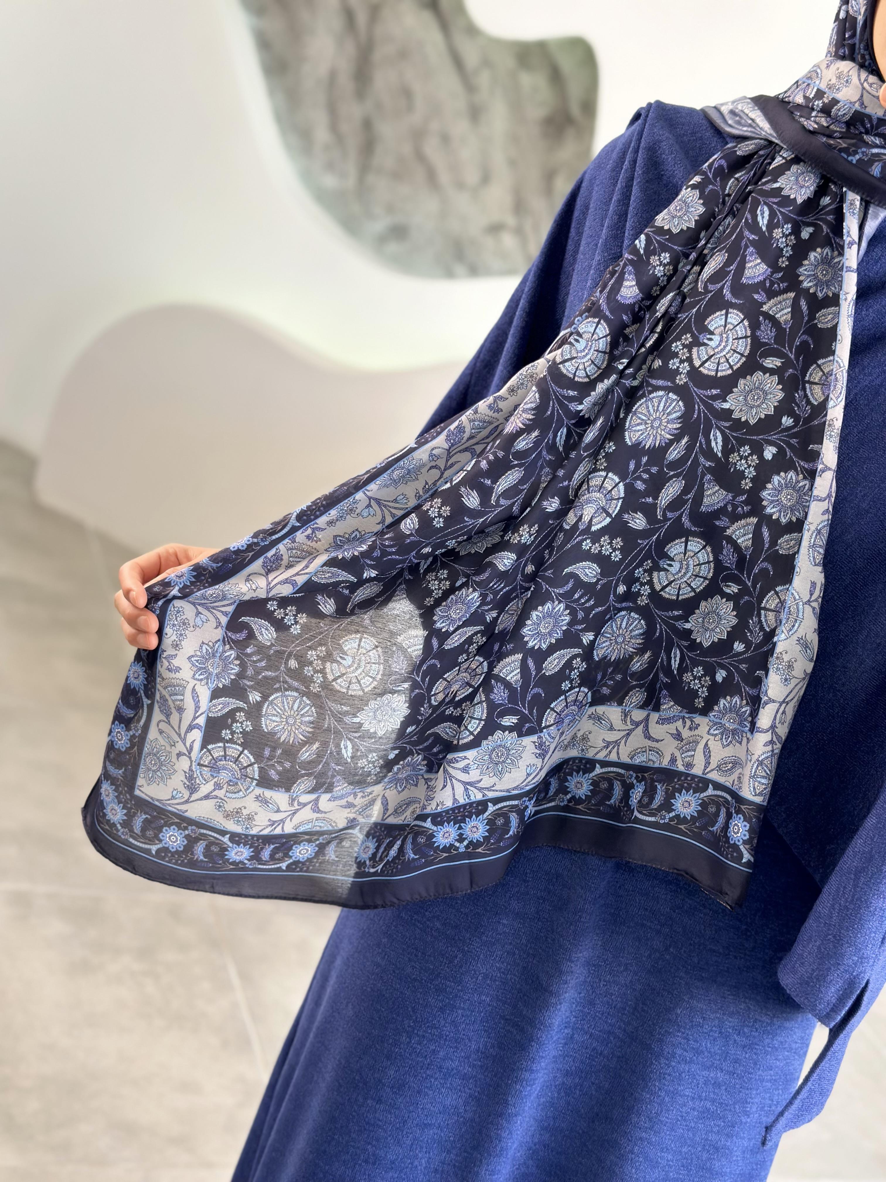 Çini Desenli Soft  Şal Lacivert-Mavi