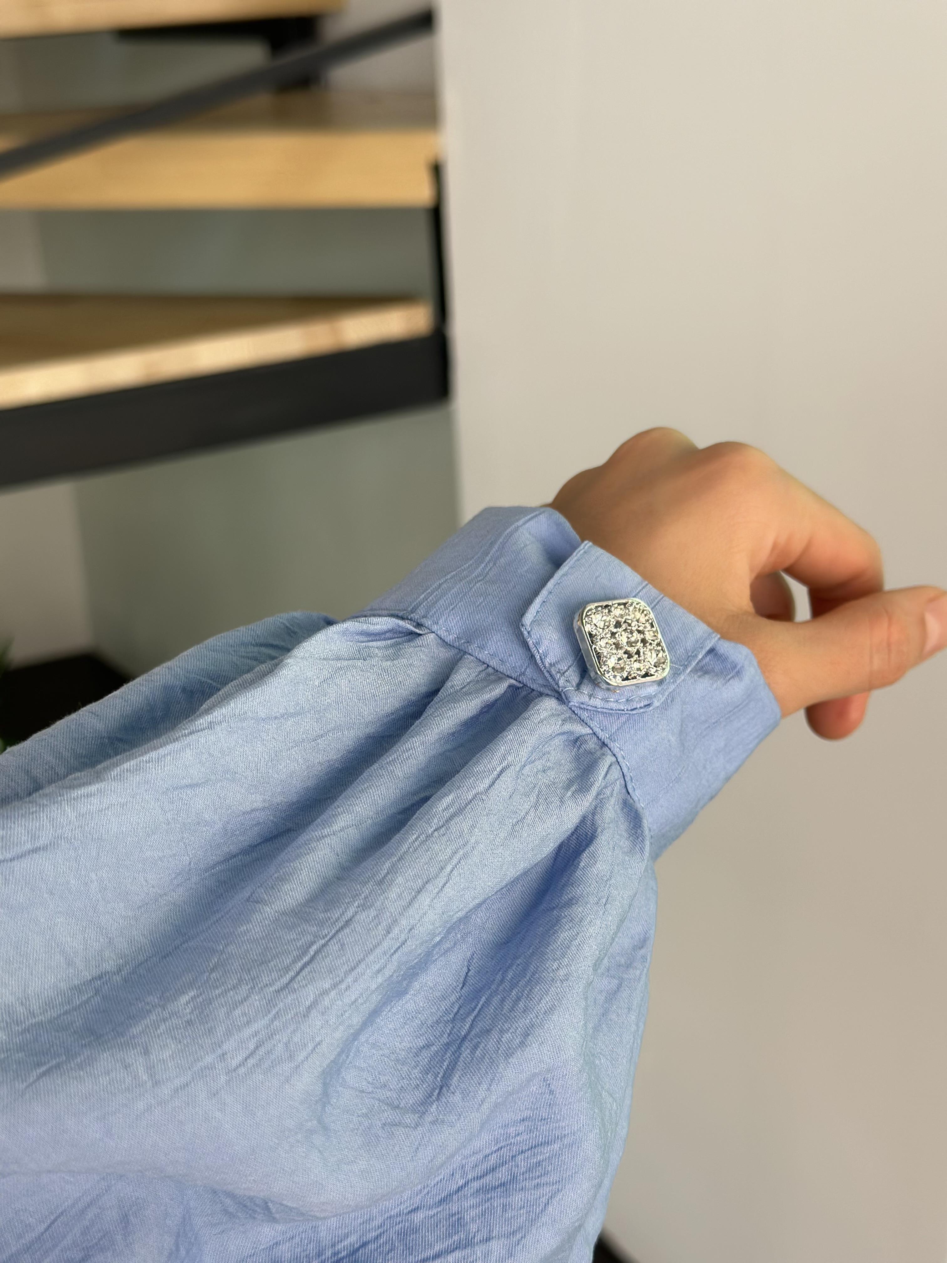 Devirme Yakalı Yapıştırma Taşlı Bebe Mavi Renk Kadın Tunik