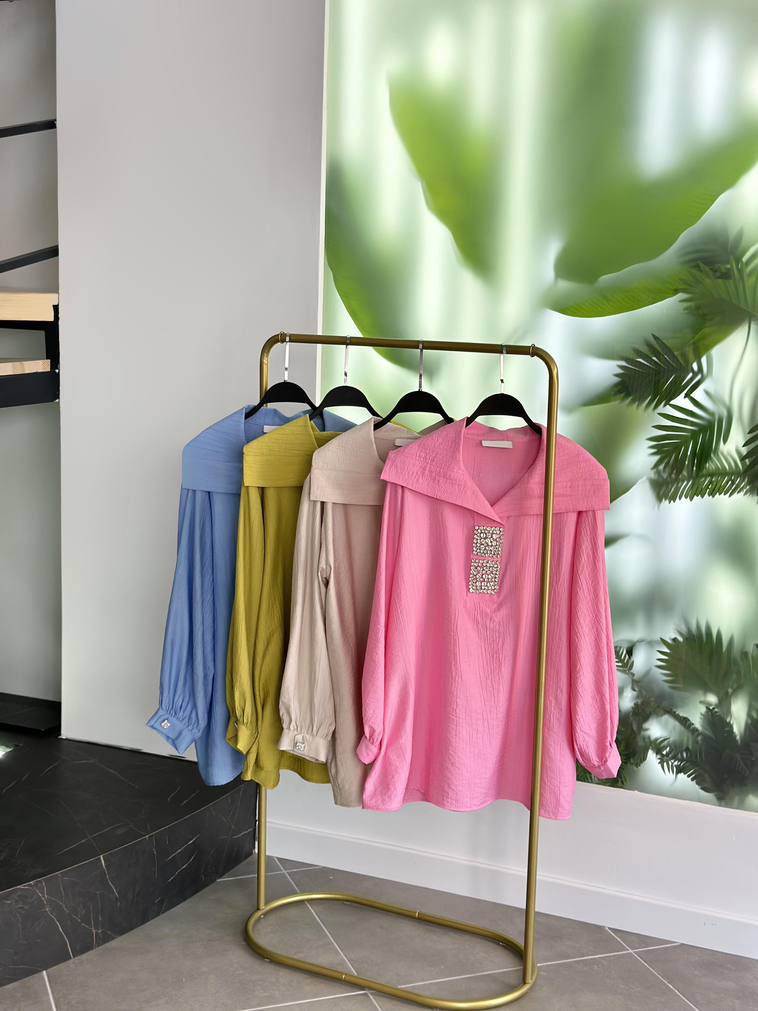 Devirme Yakalı Yapıştırma Taşlı Pembe Renk Kadın Tunik