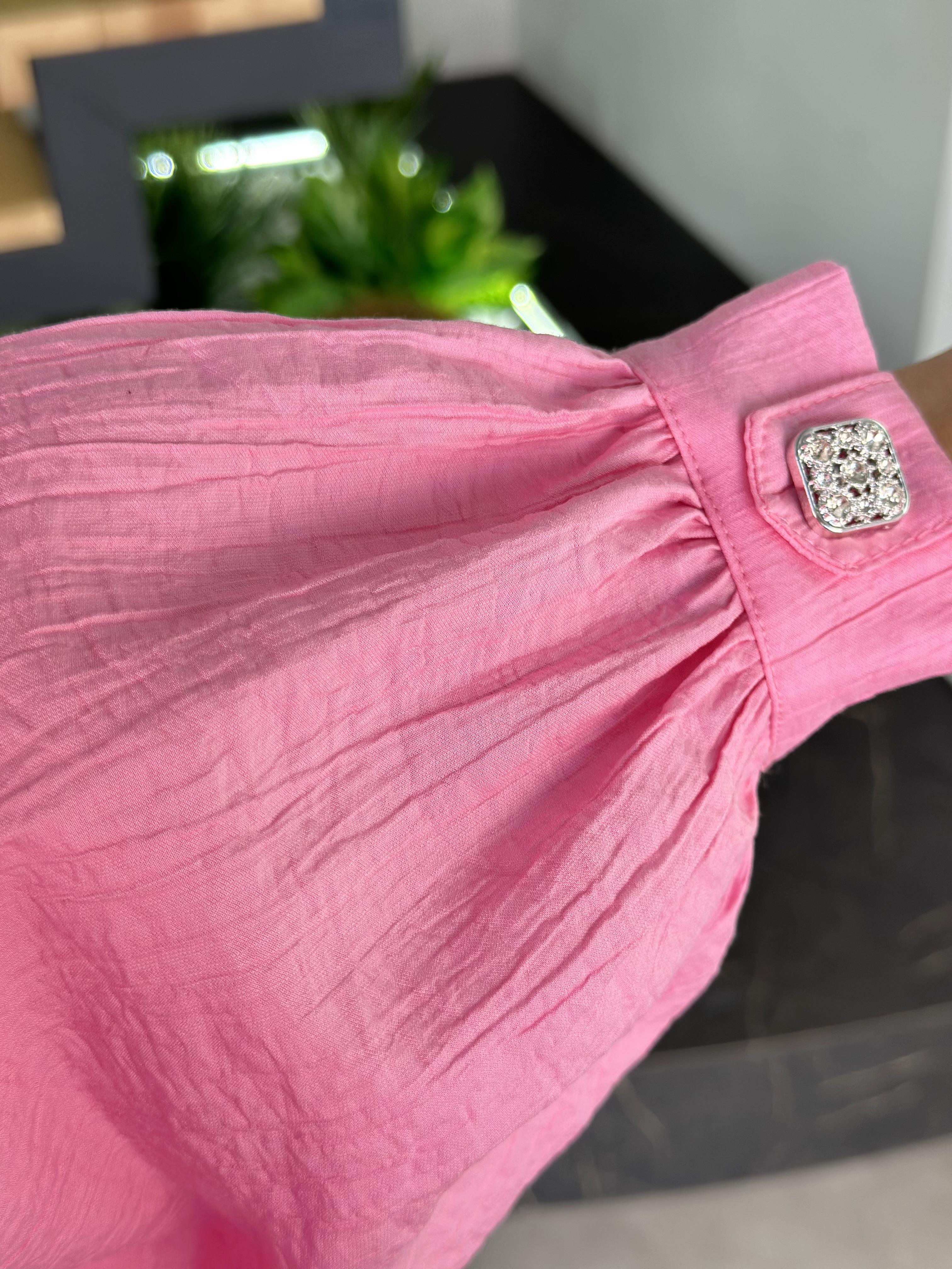 Devirme Yakalı Yapıştırma Taşlı Pembe Renk Kadın Tunik