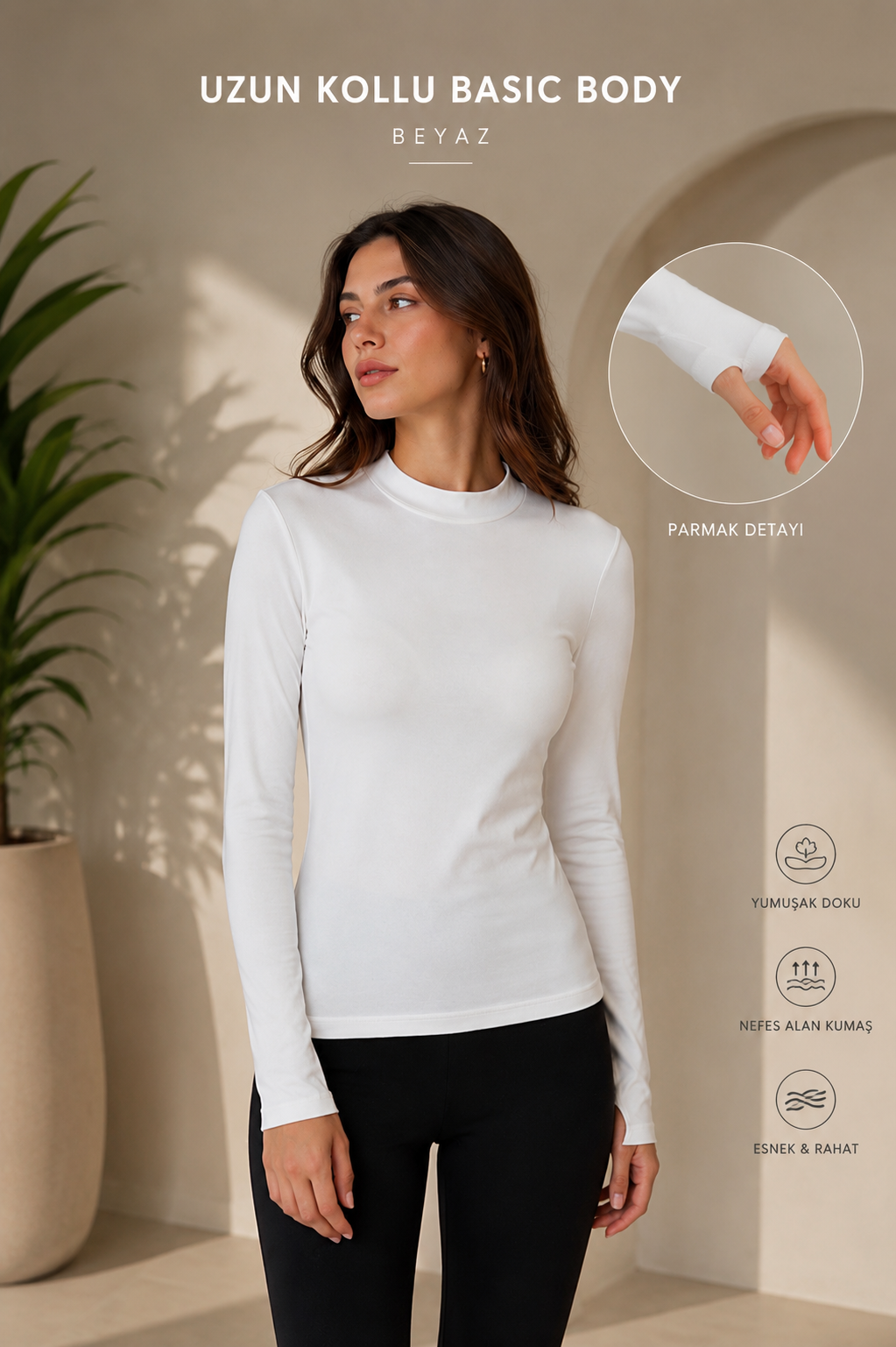 Ekru Renk  Parmak Geçirme Detaylı Basıc Body