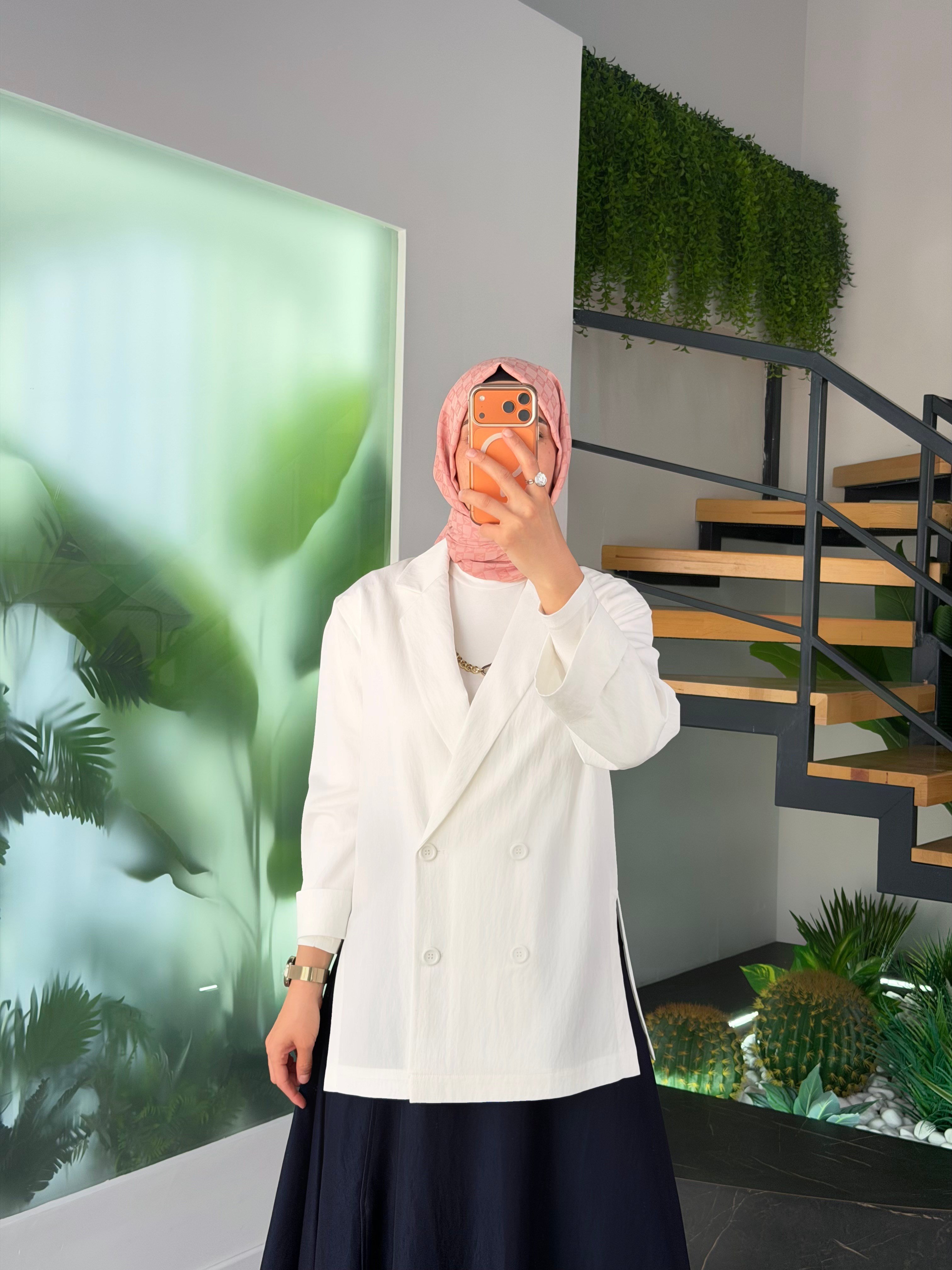 Ekru Renk Rayon Kumaşlı Denim Görünümlü  Blazer Ceket