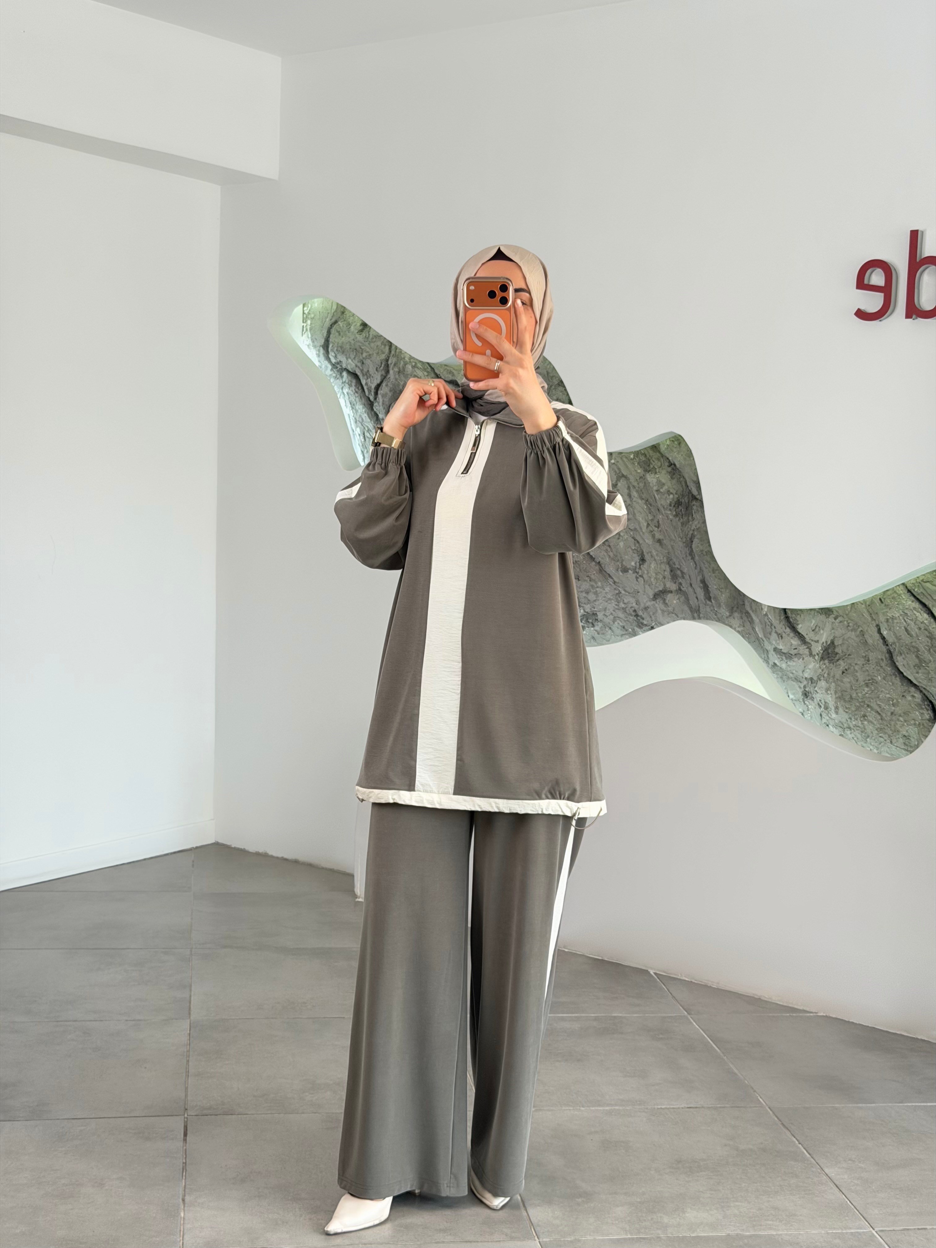 Haki Renk Paraşüt Kumaş Garnili İkili Takım