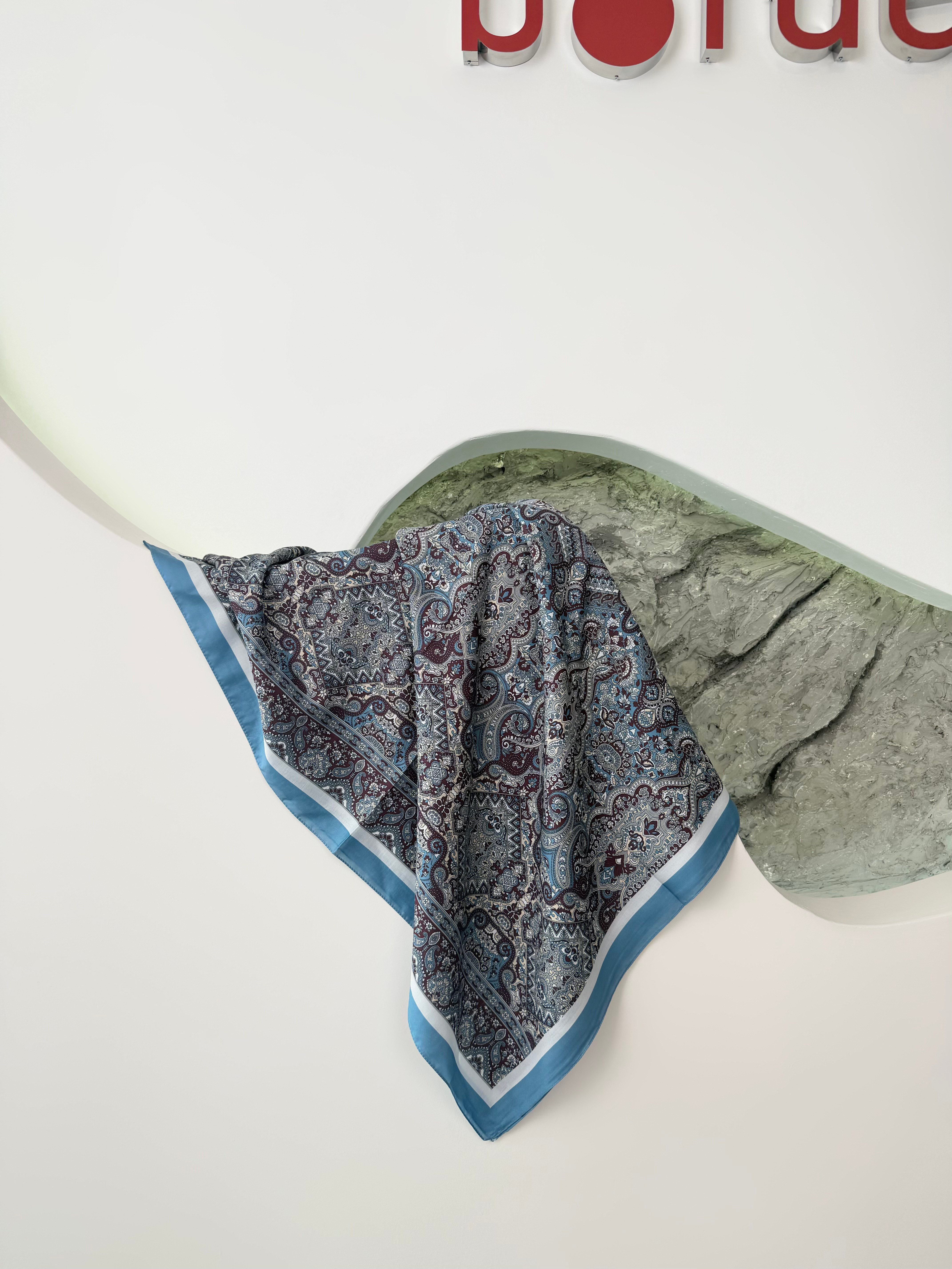 İndigo Renk Etnik Desenli Şal