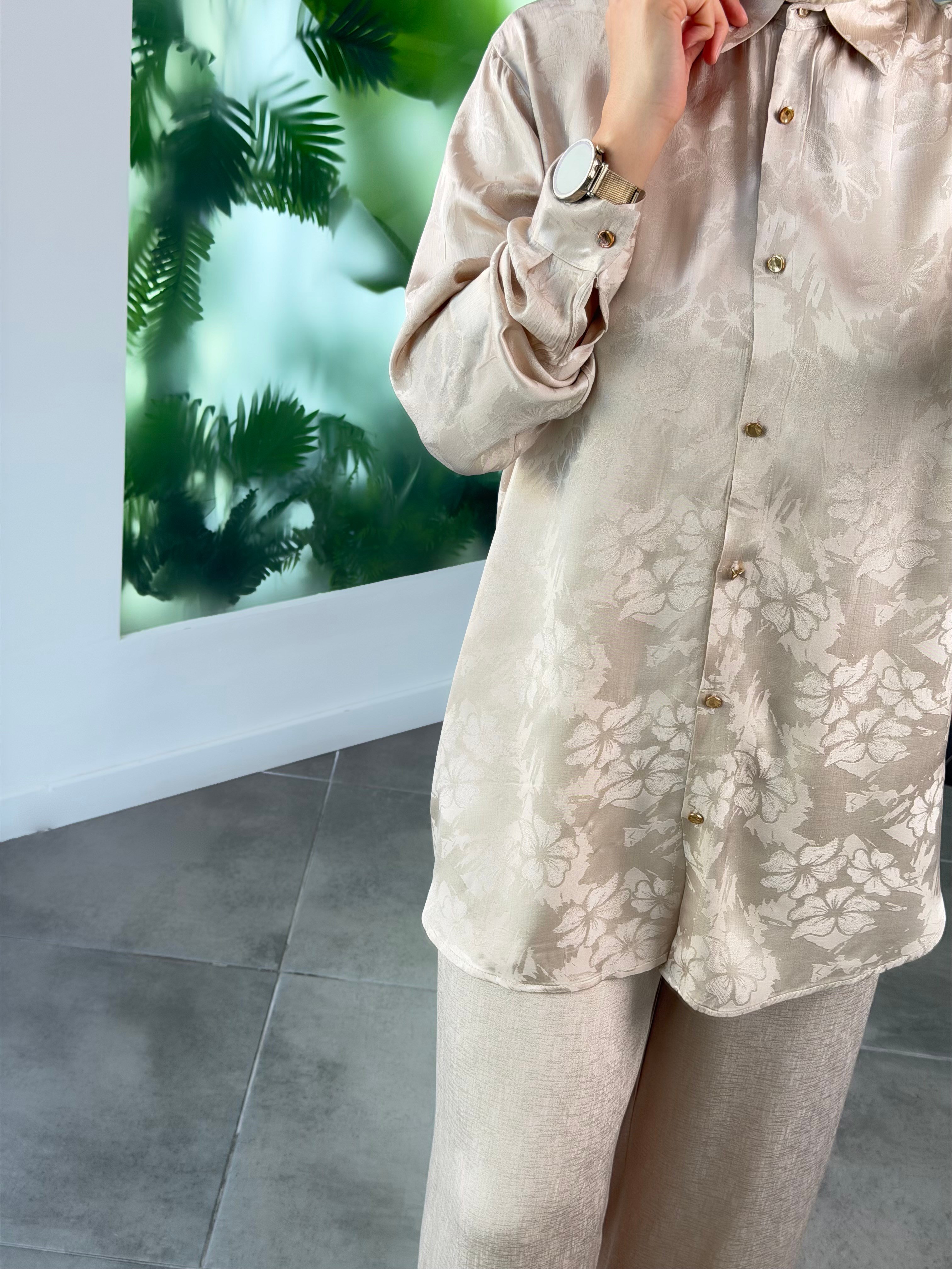 Bej Renk Floral Desen Pamuk Saten Takım