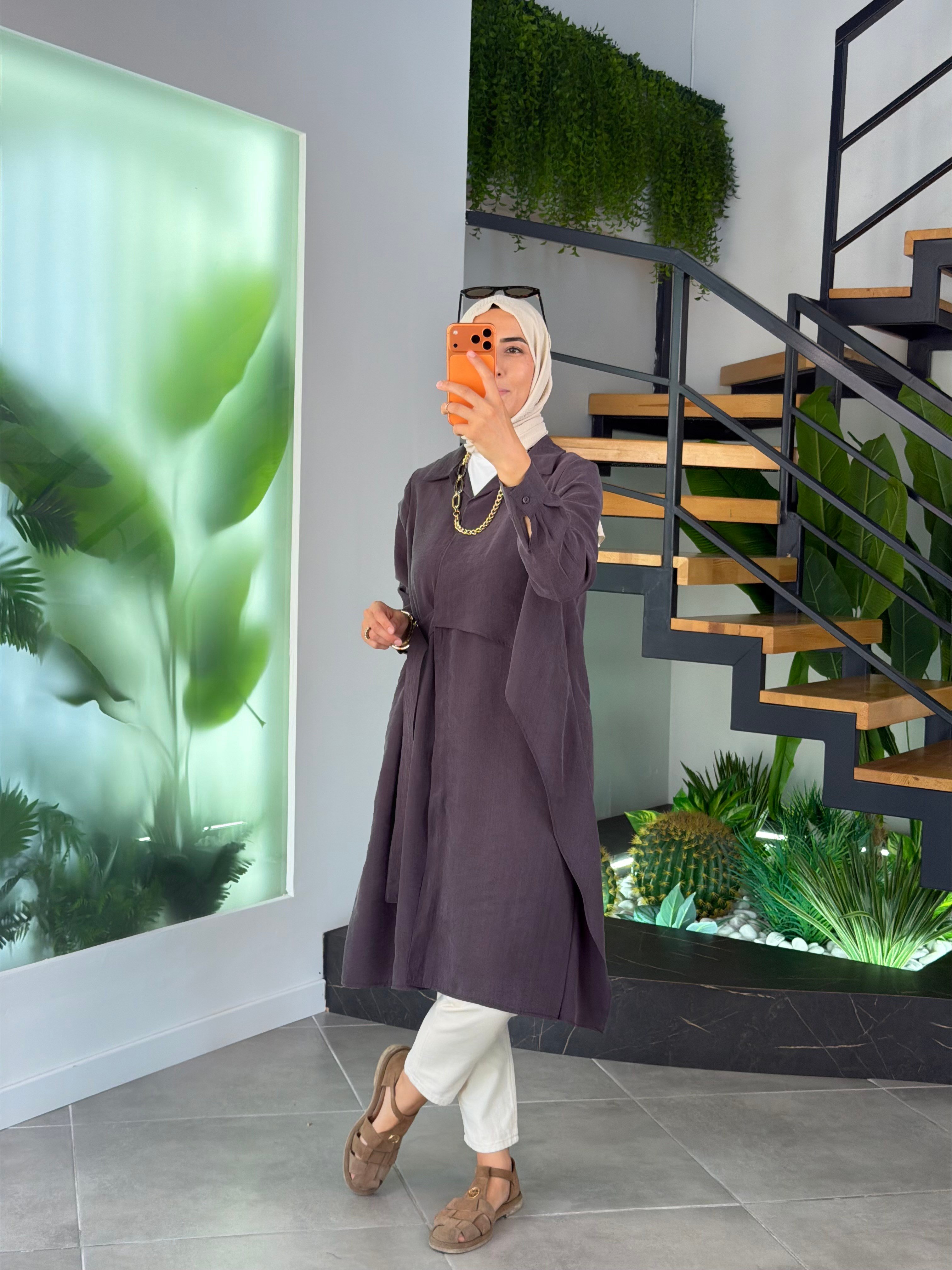Kahve Renk Doğal Kumaş Kemer Detaylı Tunik Giyçık 26YT469