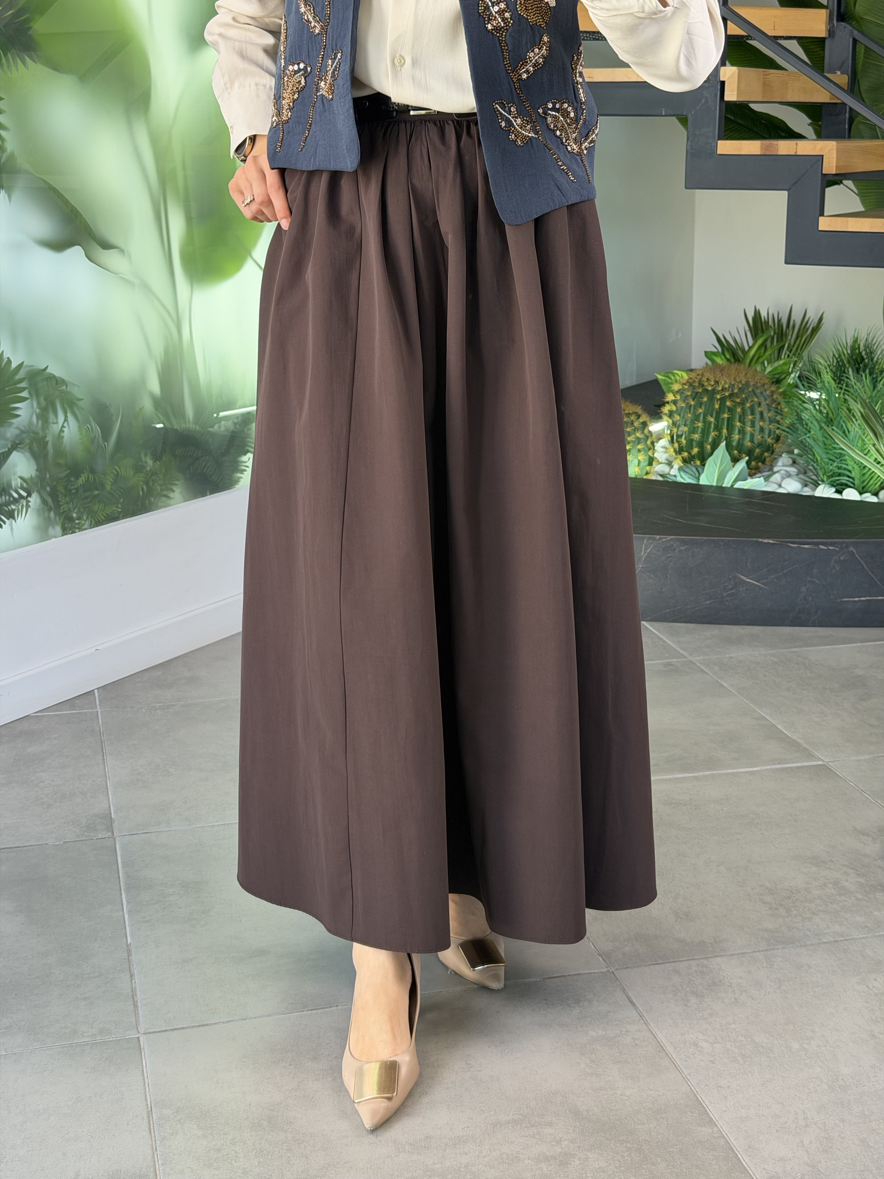 Kahve Renk  Kemer Ve Pile Detaylı Cotton Etek