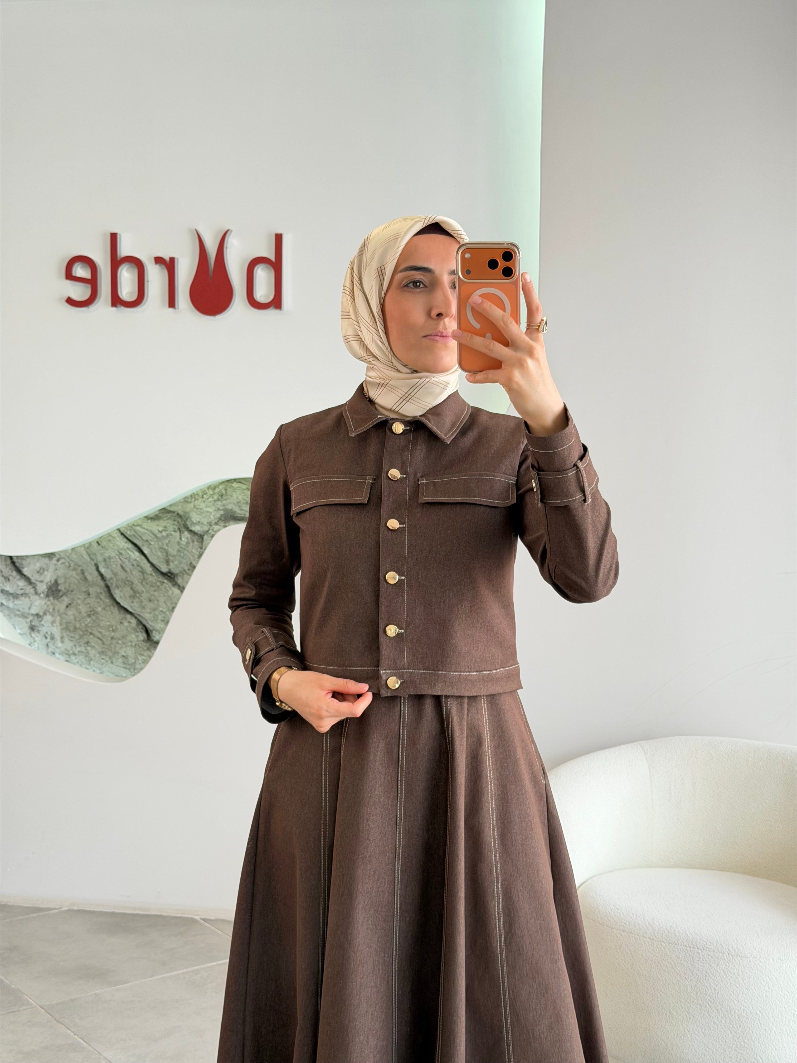 Kahve Renk Mini Ceketli Kemer Detaylı  Elbise