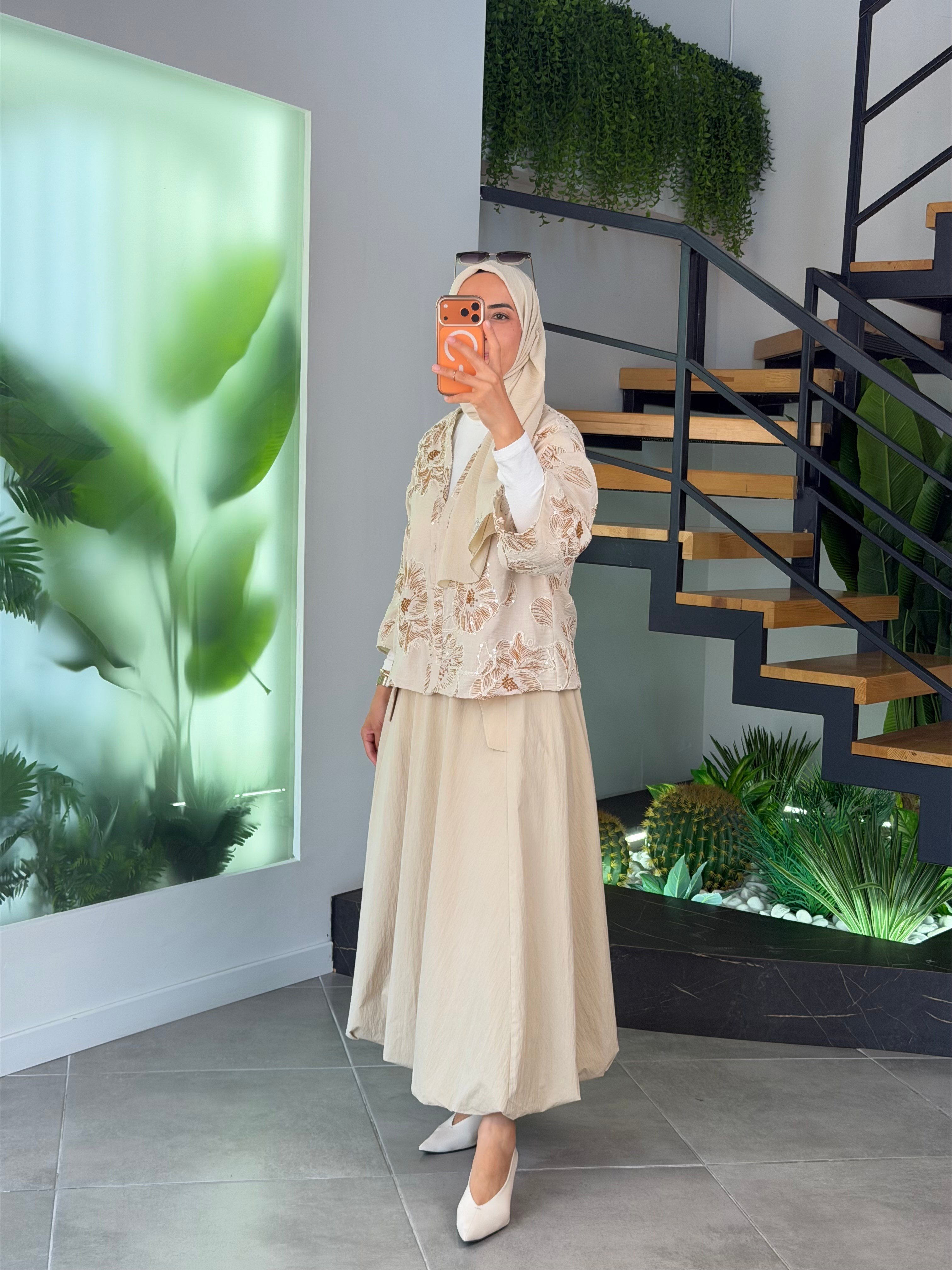Kahve Renk Nakış Ve Pulet İşlemeli Kimono