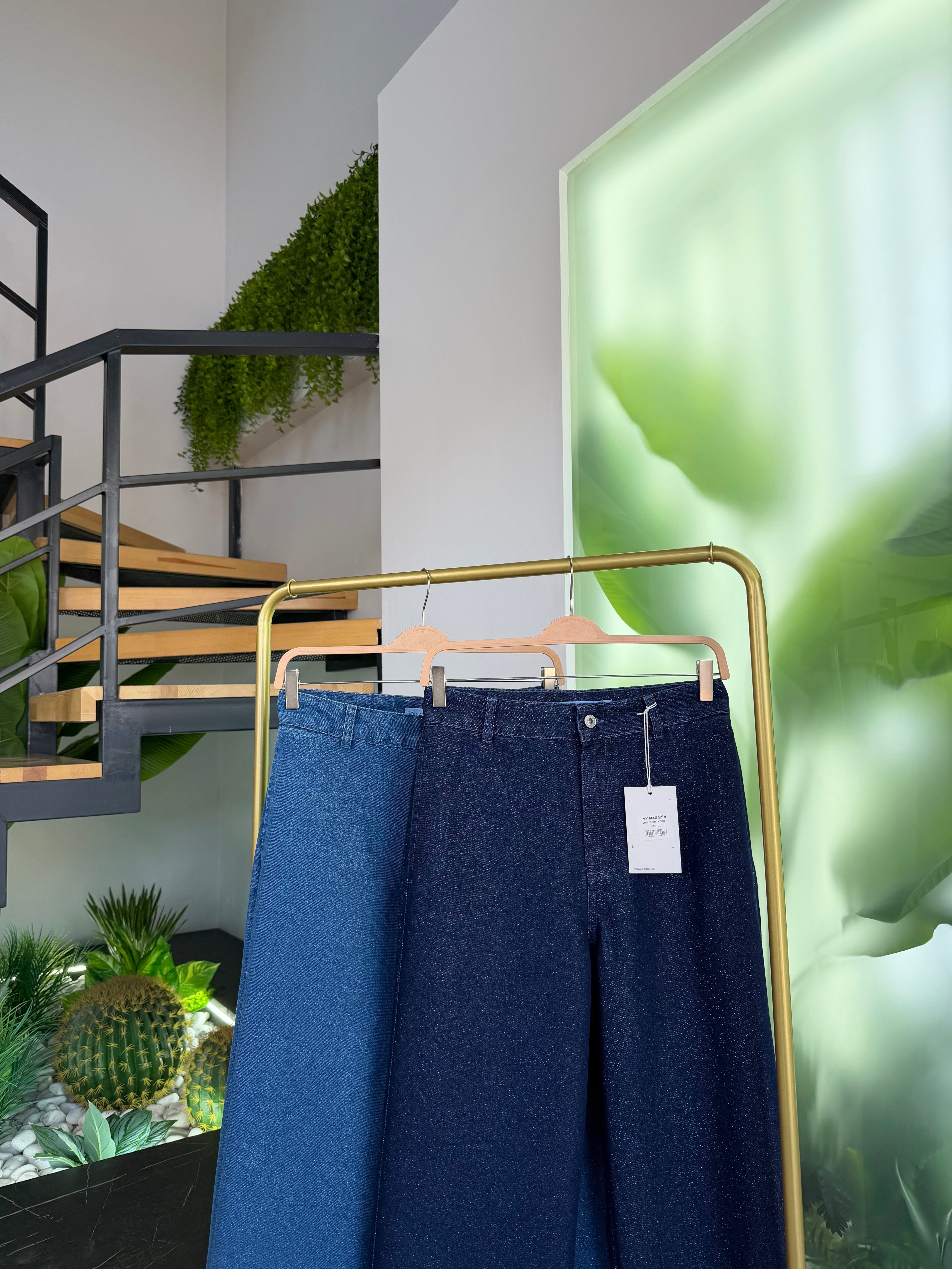 Koyu Mavi Renk Işıltı Wide Leg Jean Pantolon
