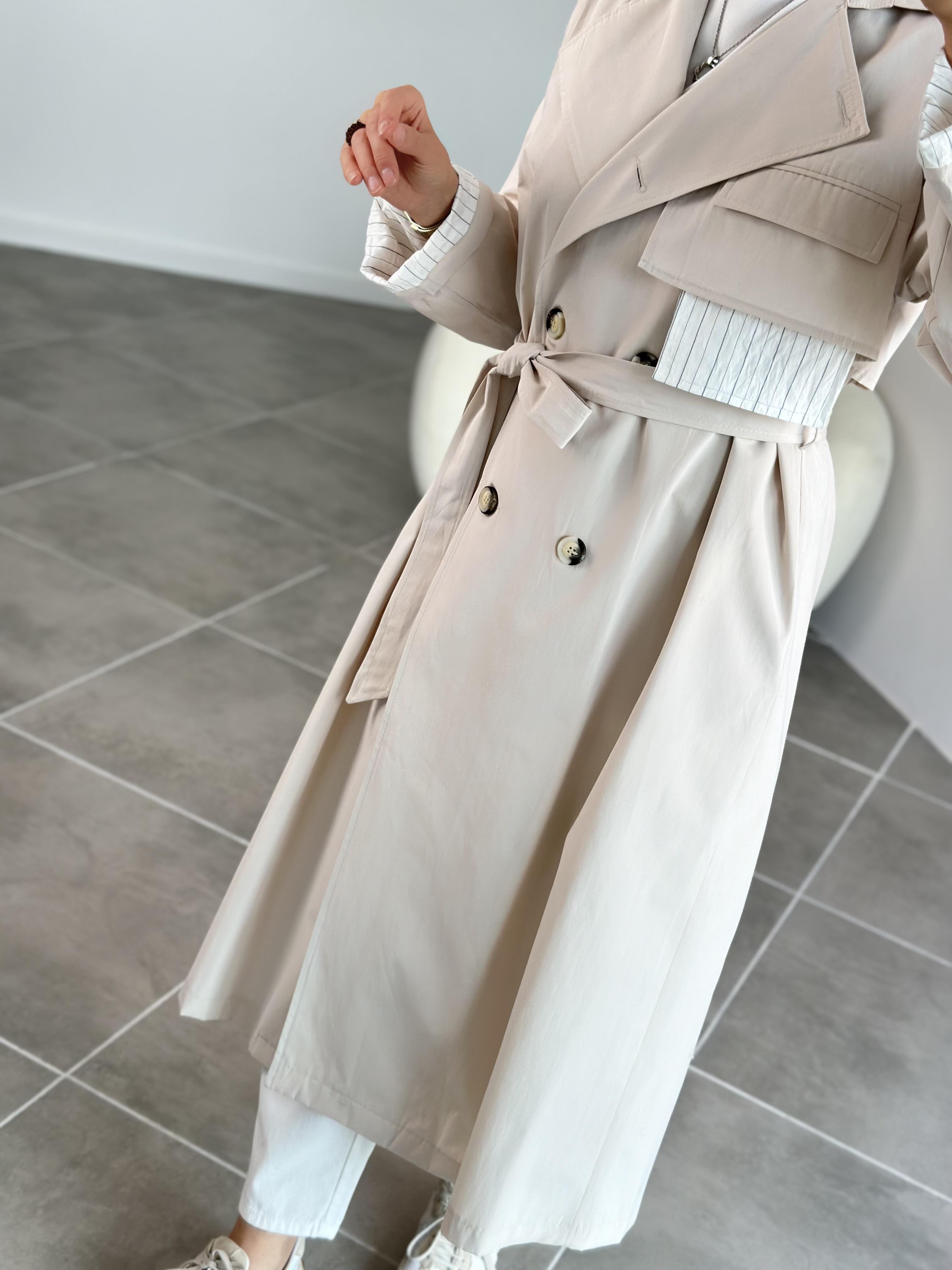 Kumaş Garnili Bej Renk Kruvaze Yaka Kadın Trenchcoat