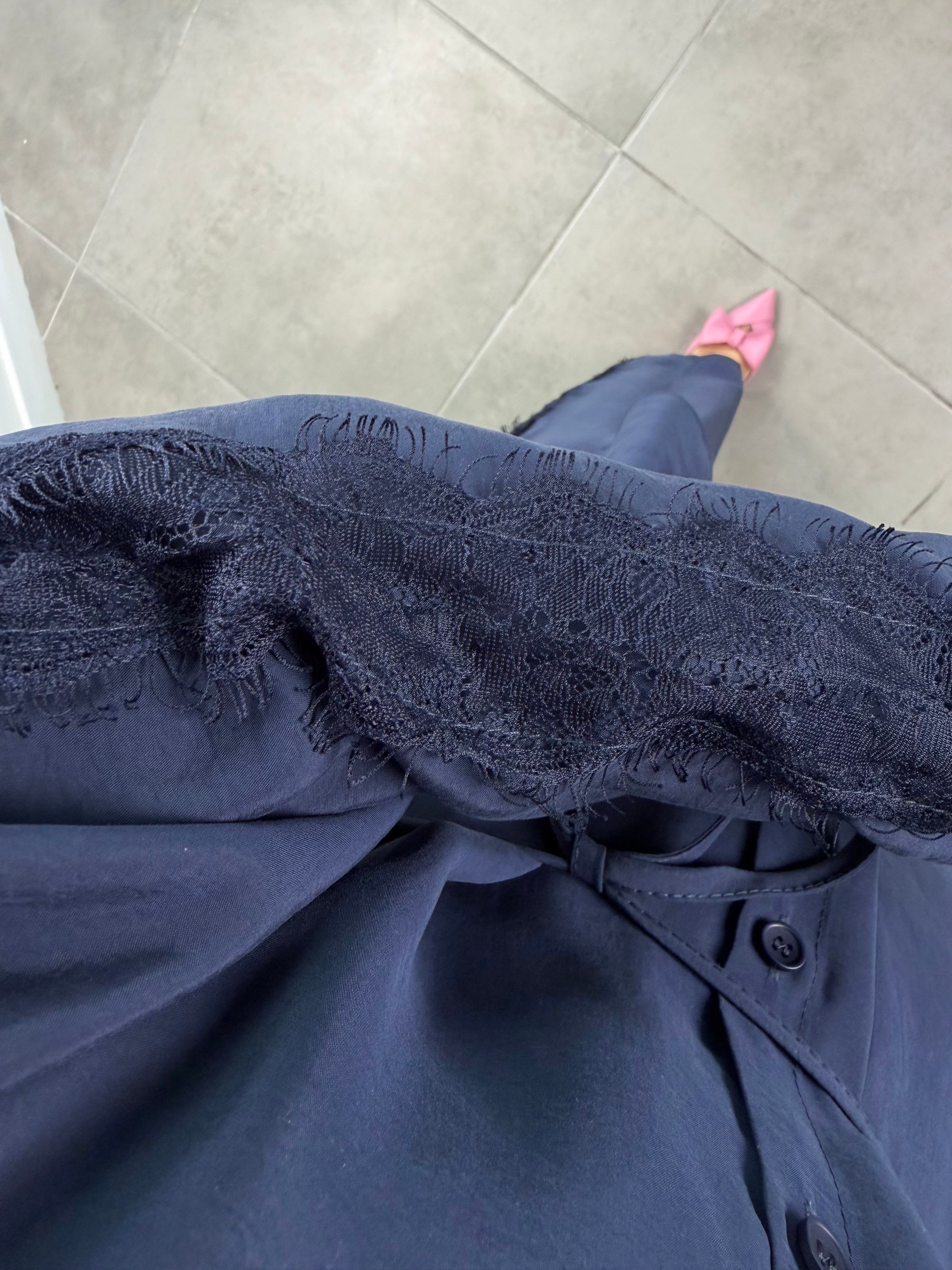 Lacivert Renk Dantel Detaylı Pantolonlu Takım
