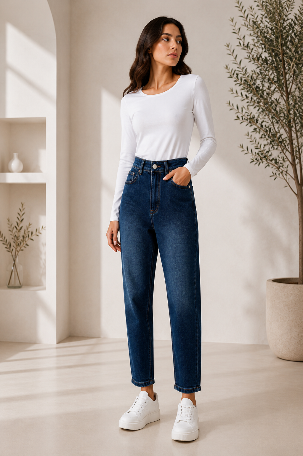 Lacivert Renk Dar Paça Beli Lastikli Denim Pantolon