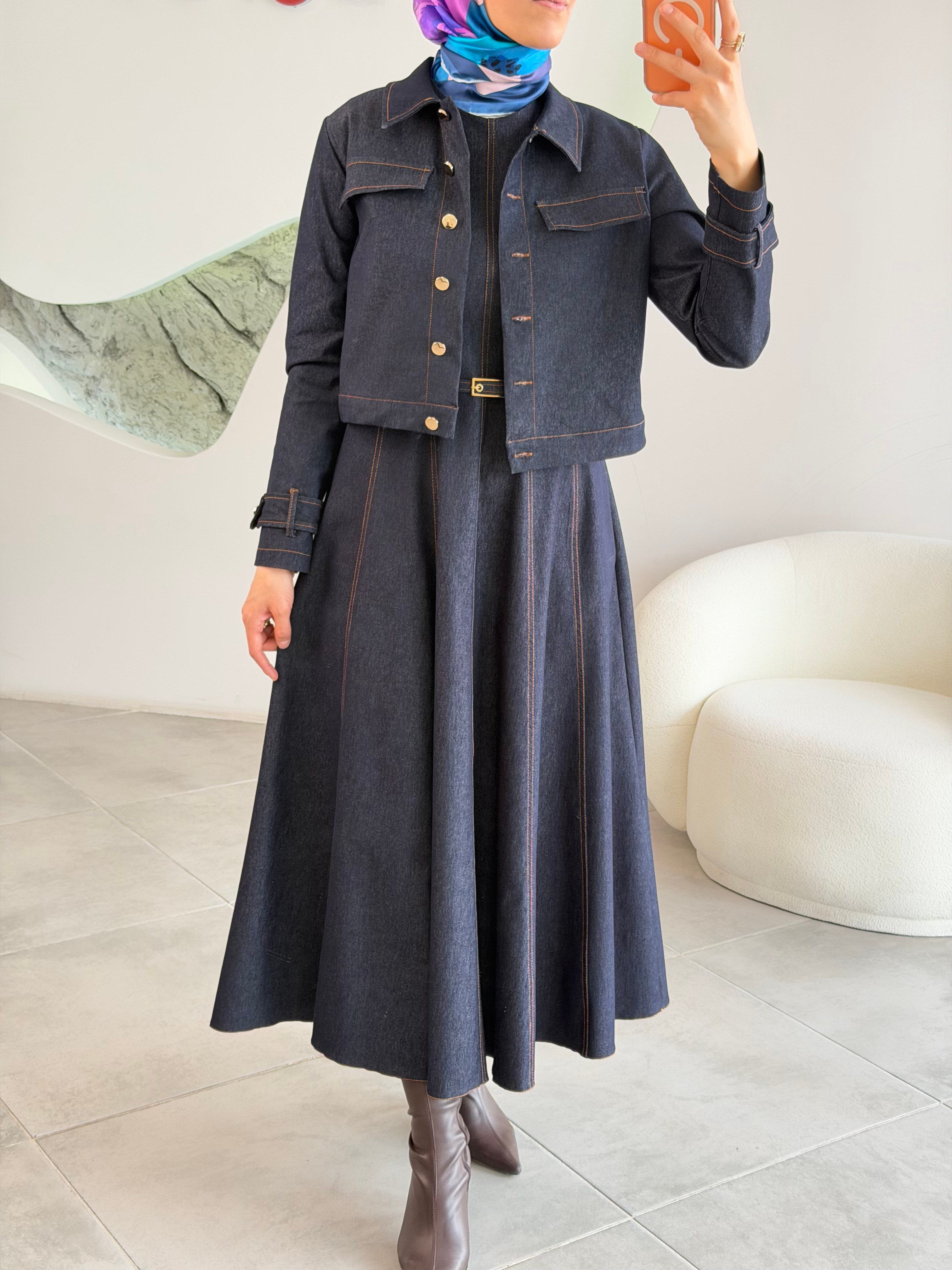 Lacivert Renk Mini Ceketli Kemer Detaylı Elbise