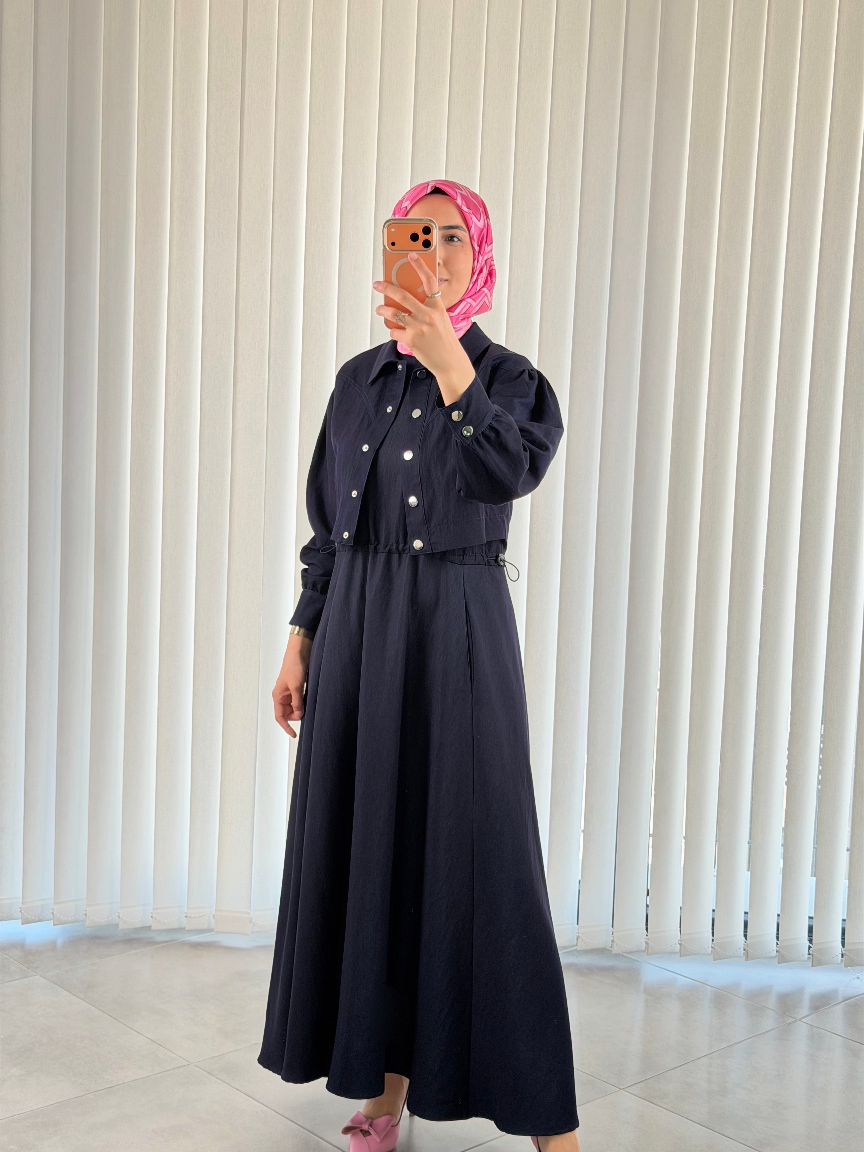 Kadın Lacivert Tensel Elbise Mini Ceketli – Rahat Kalıp Şık Günlük