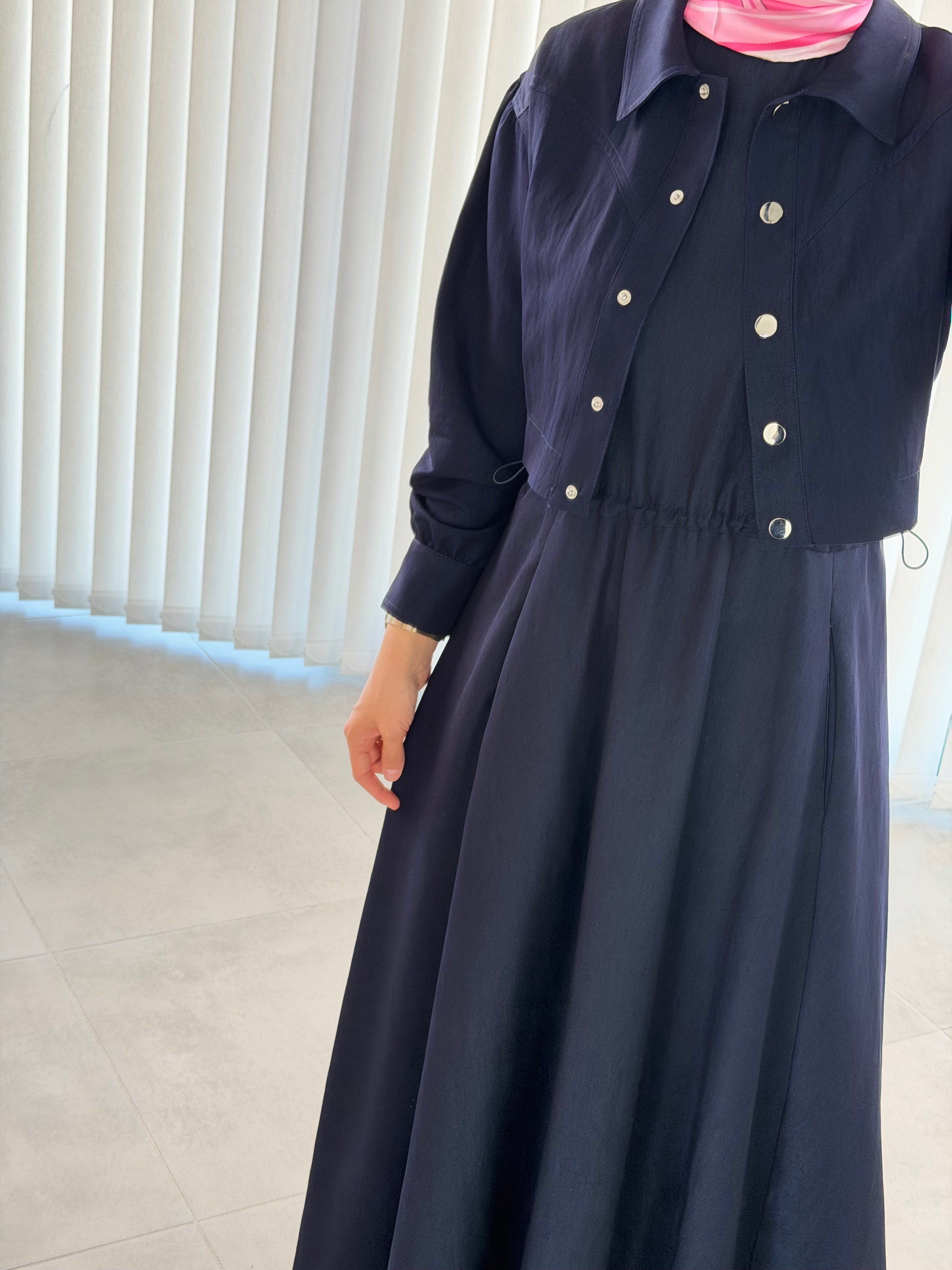 Kadın Lacivert Tensel Elbise Mini Ceketli – Rahat Kalıp Şık Günlük