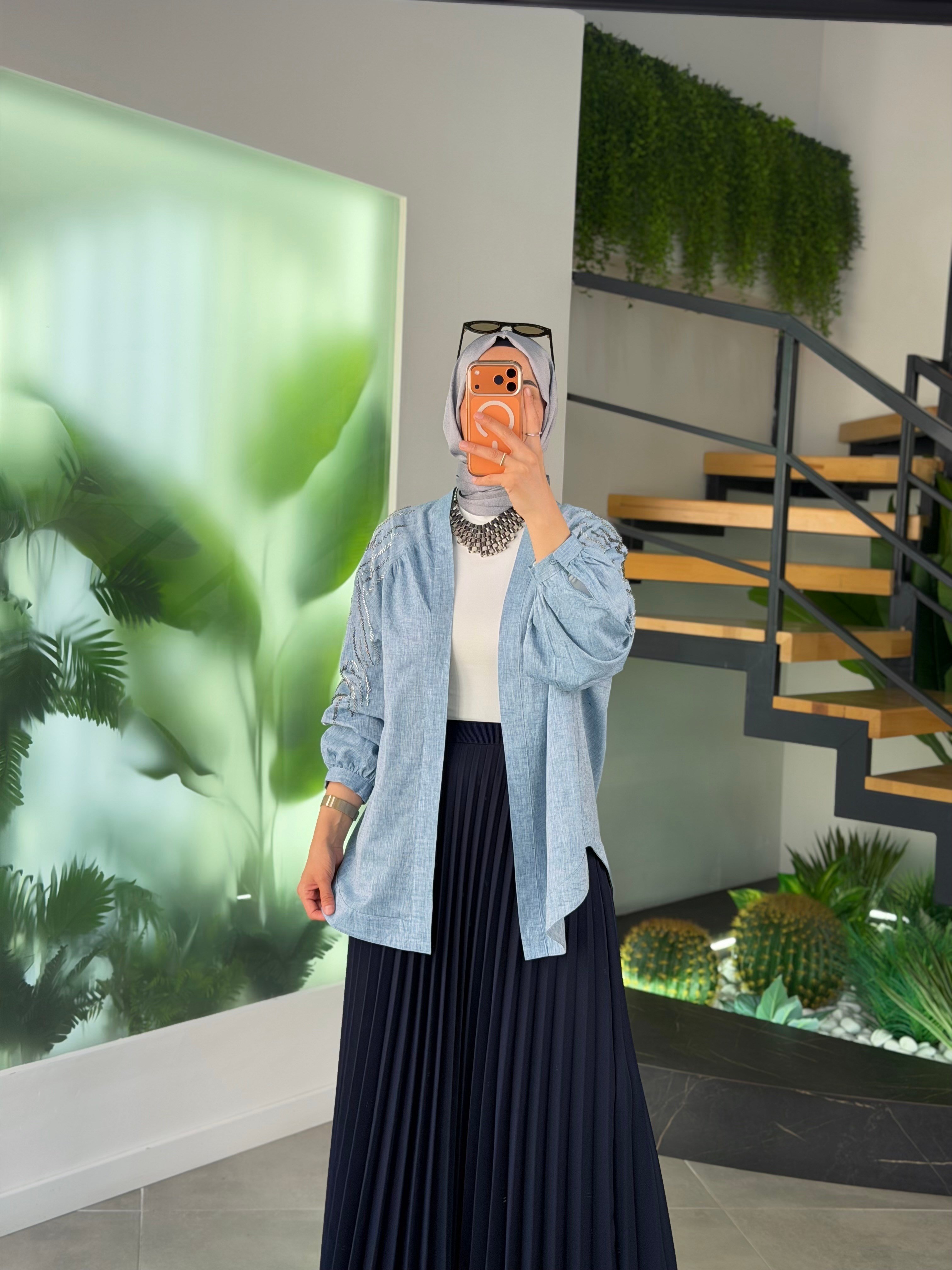 Mavi Renk Boncuk İşlemeli Pamuk Keten Kimono