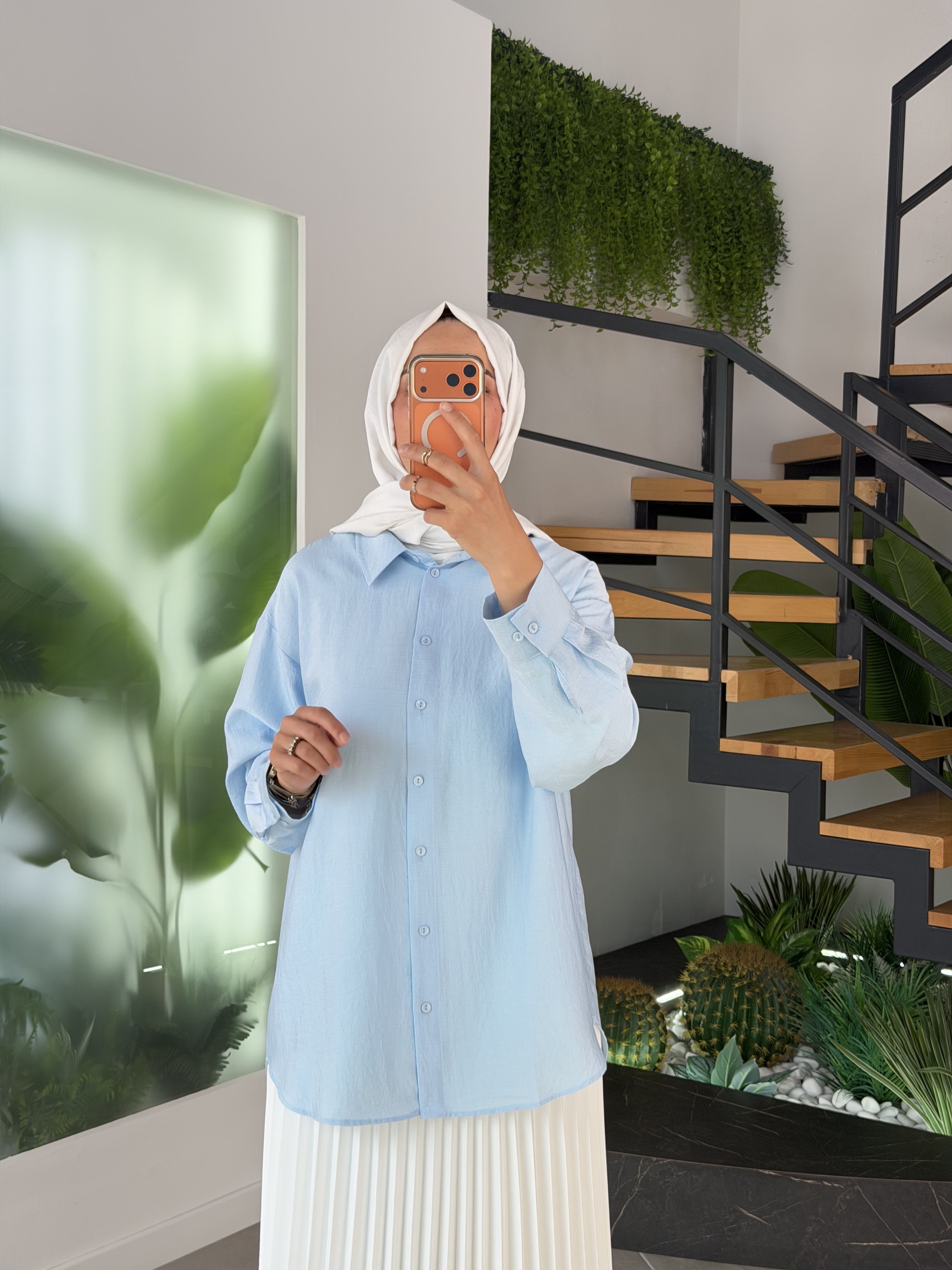 Mavi Renk Keten Görünümlü Oversize Gömlek