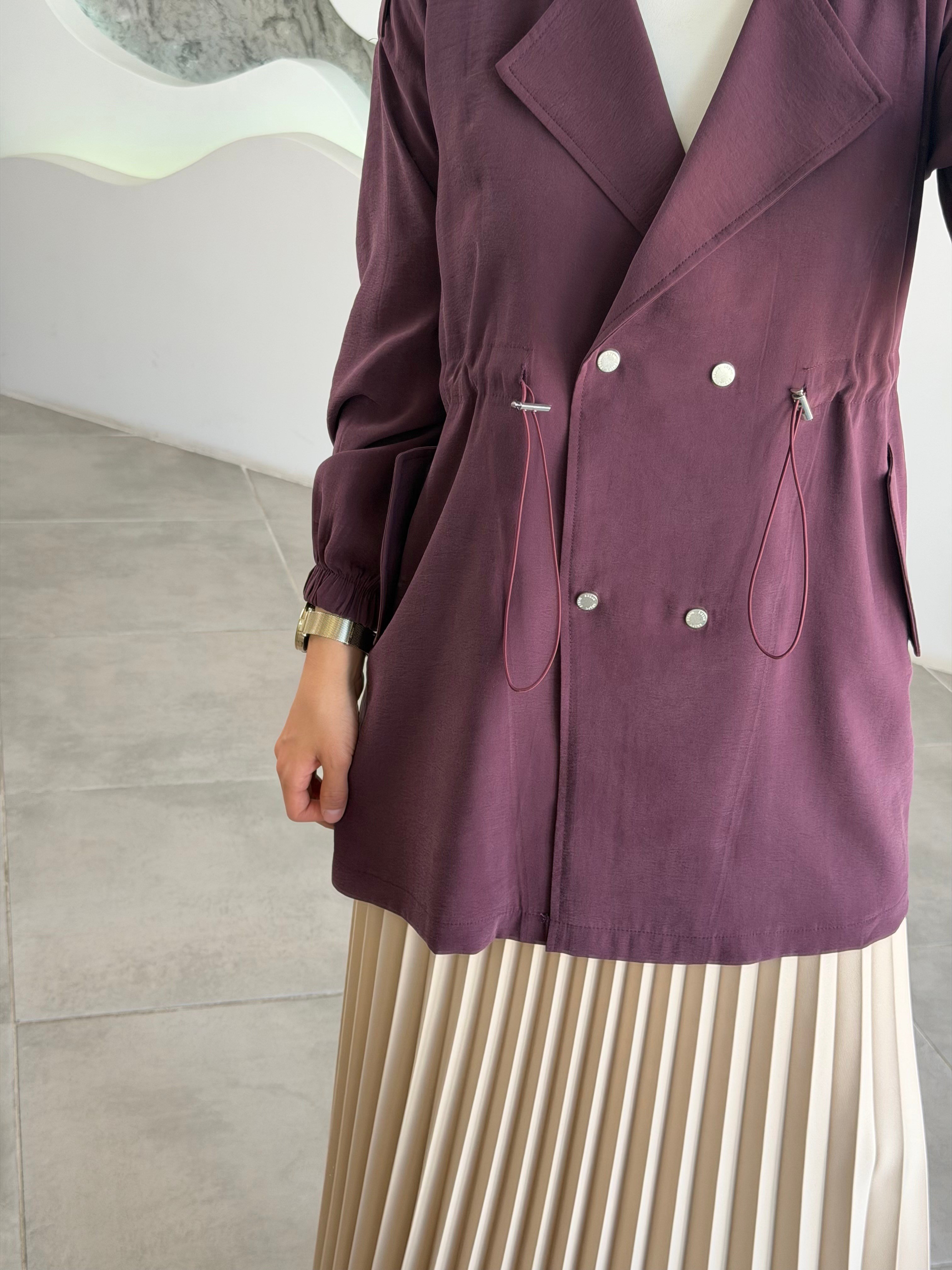 Mürdüm Renk Beli Tünelli Bomber Ceket