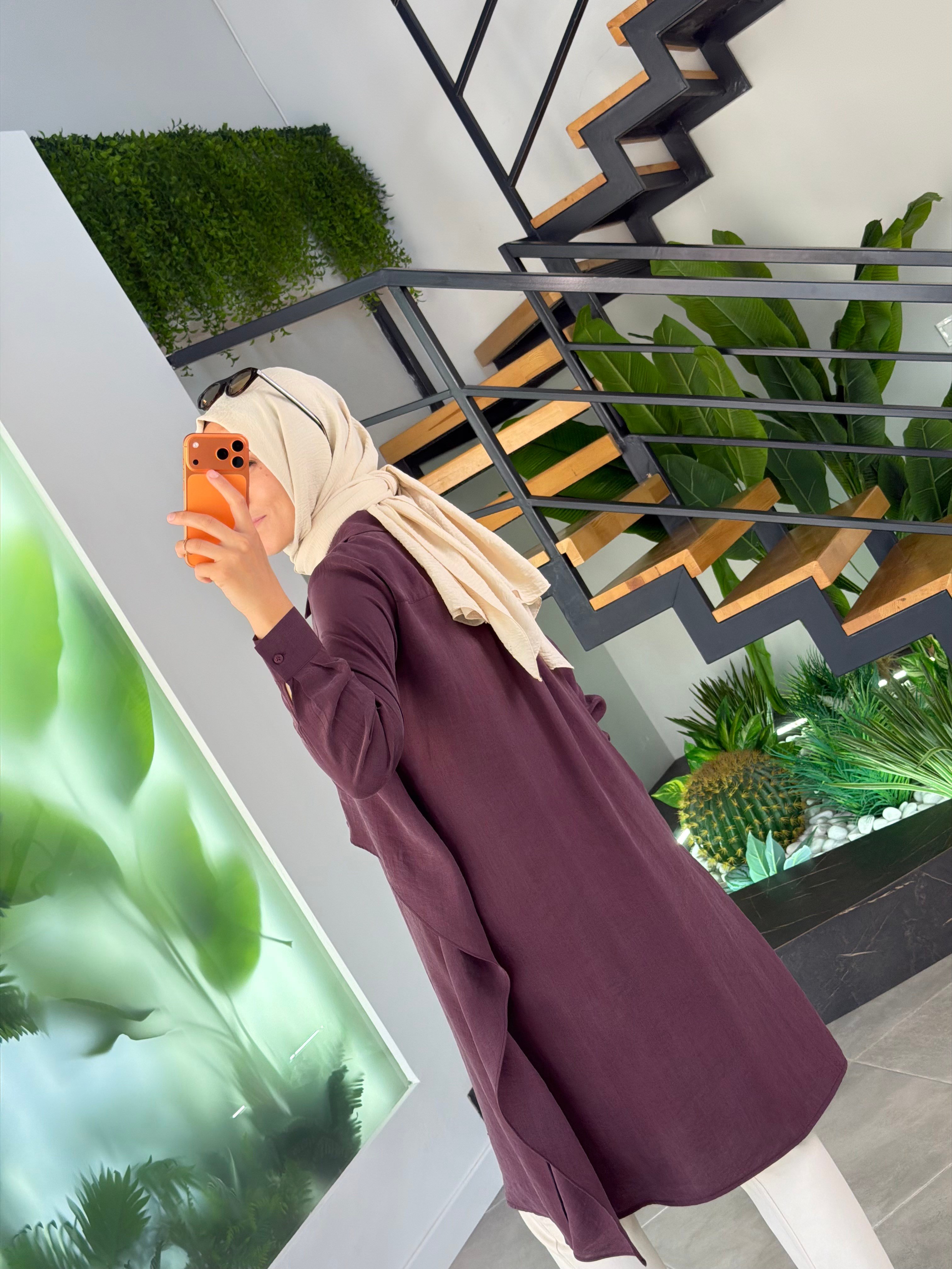 Mürdüm Renk Doğal Kumaş Kemer Detaylı Tunik Giyçık 26YT469