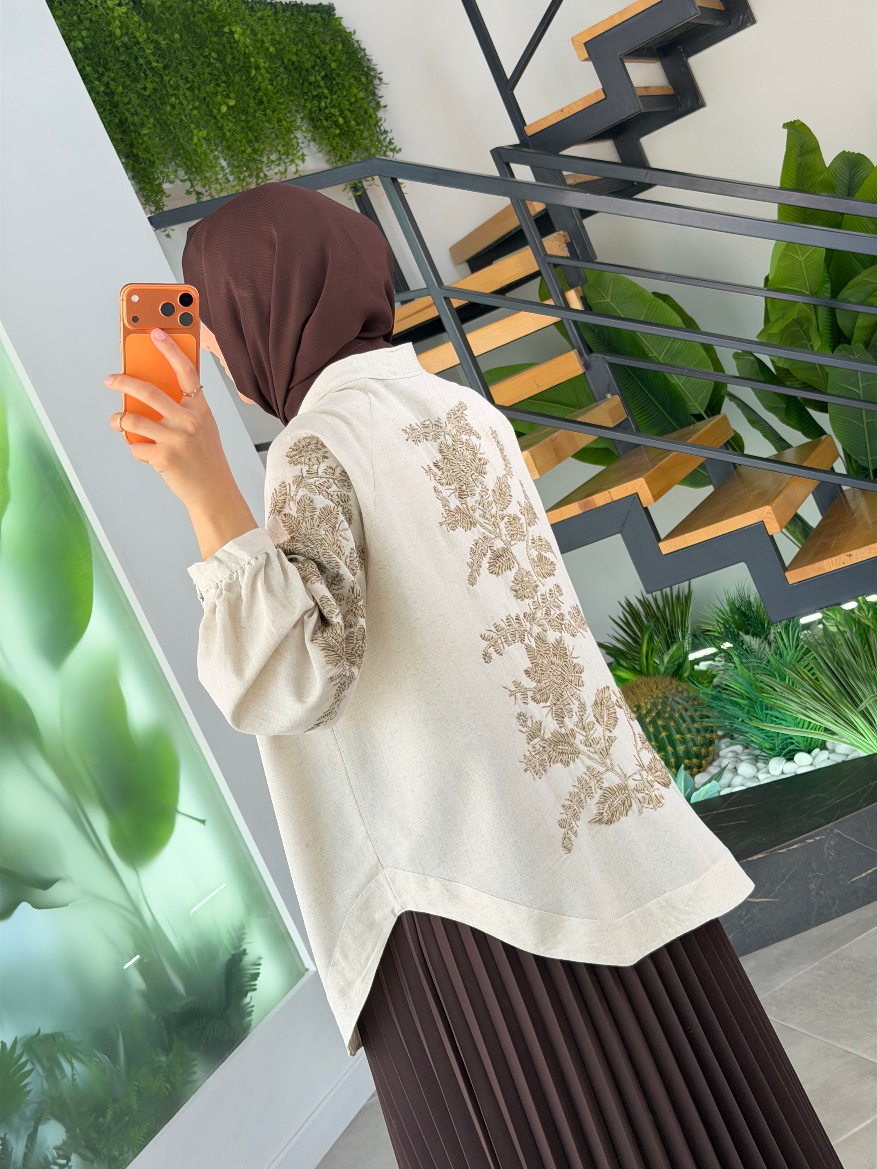 Naturel Renk Nakış işlemeli Keten Kimono