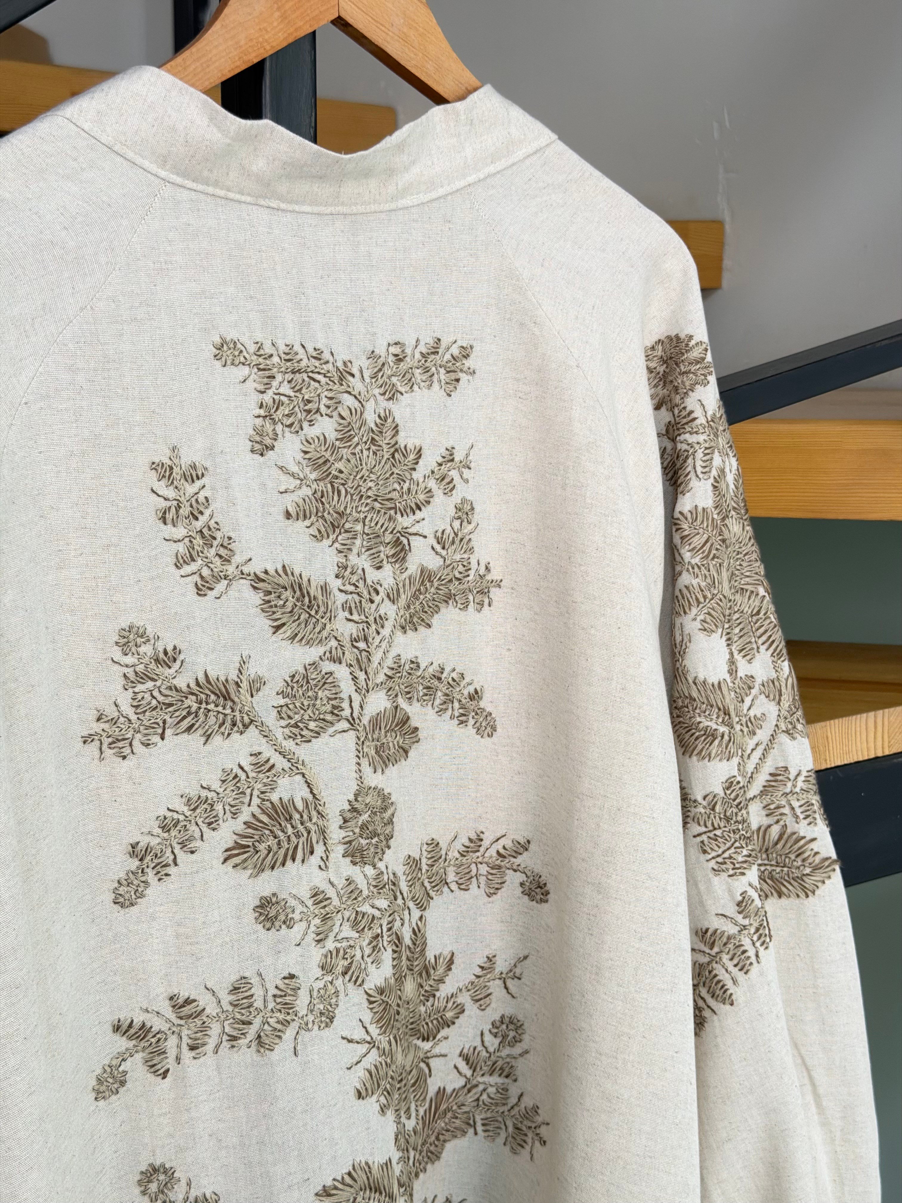 Naturel Renk Nakış işlemeli Keten Kimono