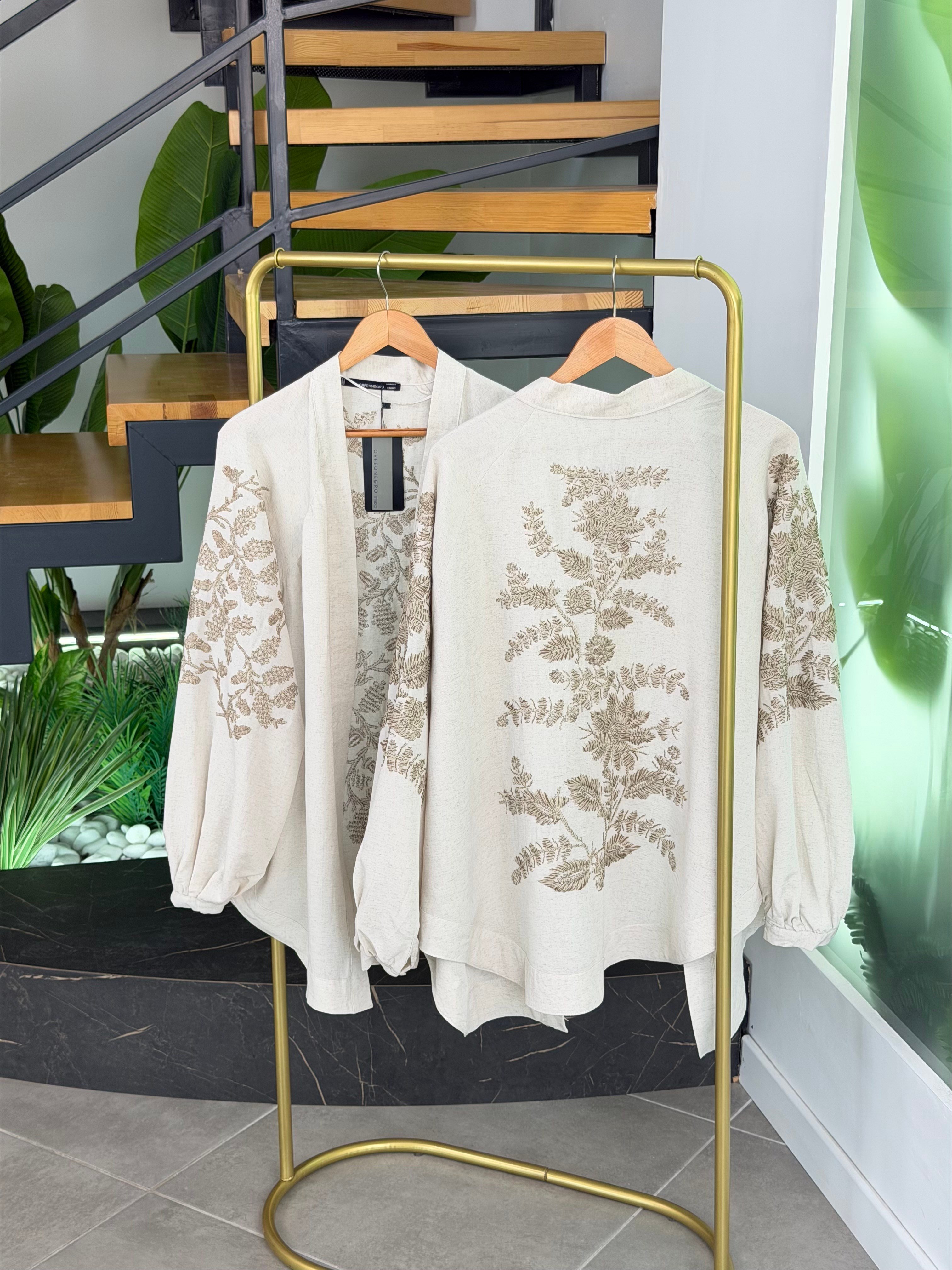 Naturel Renk Nakış işlemeli Keten Kimono